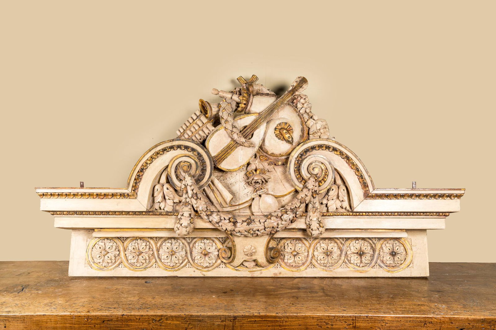 A neoclassical patinated and gilt wooden crown of a music room, ca. 1800 (1 of 3)