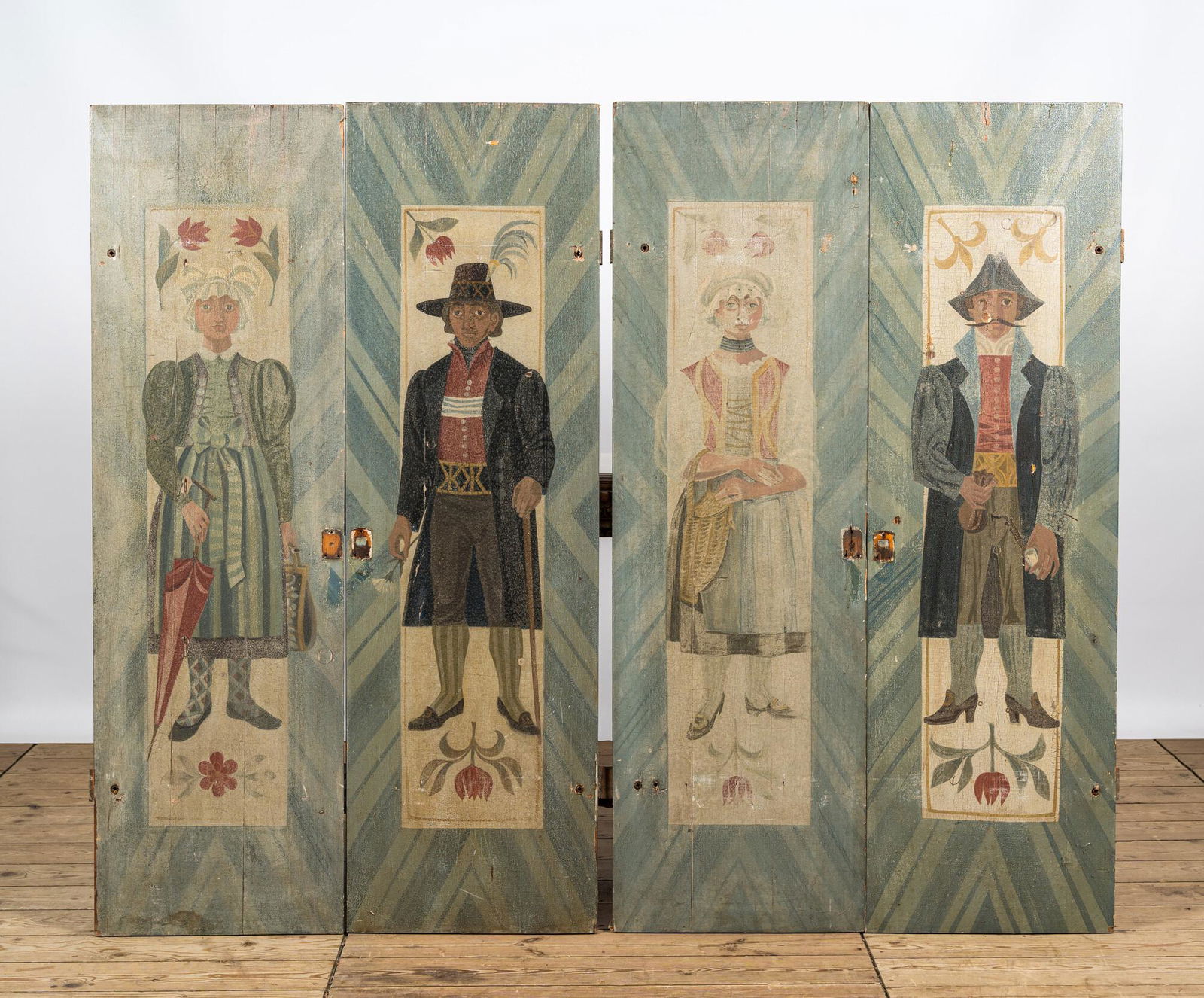 Four most probably German polychrome wooden panels with figures, 19/20th C. (1 of 4)