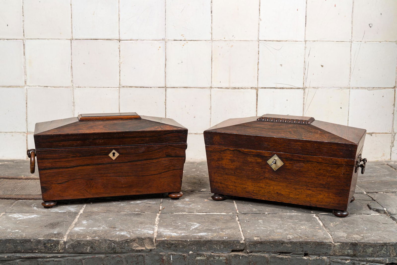 Two English mahogany tea caddies, 19th C. (1 of 2)