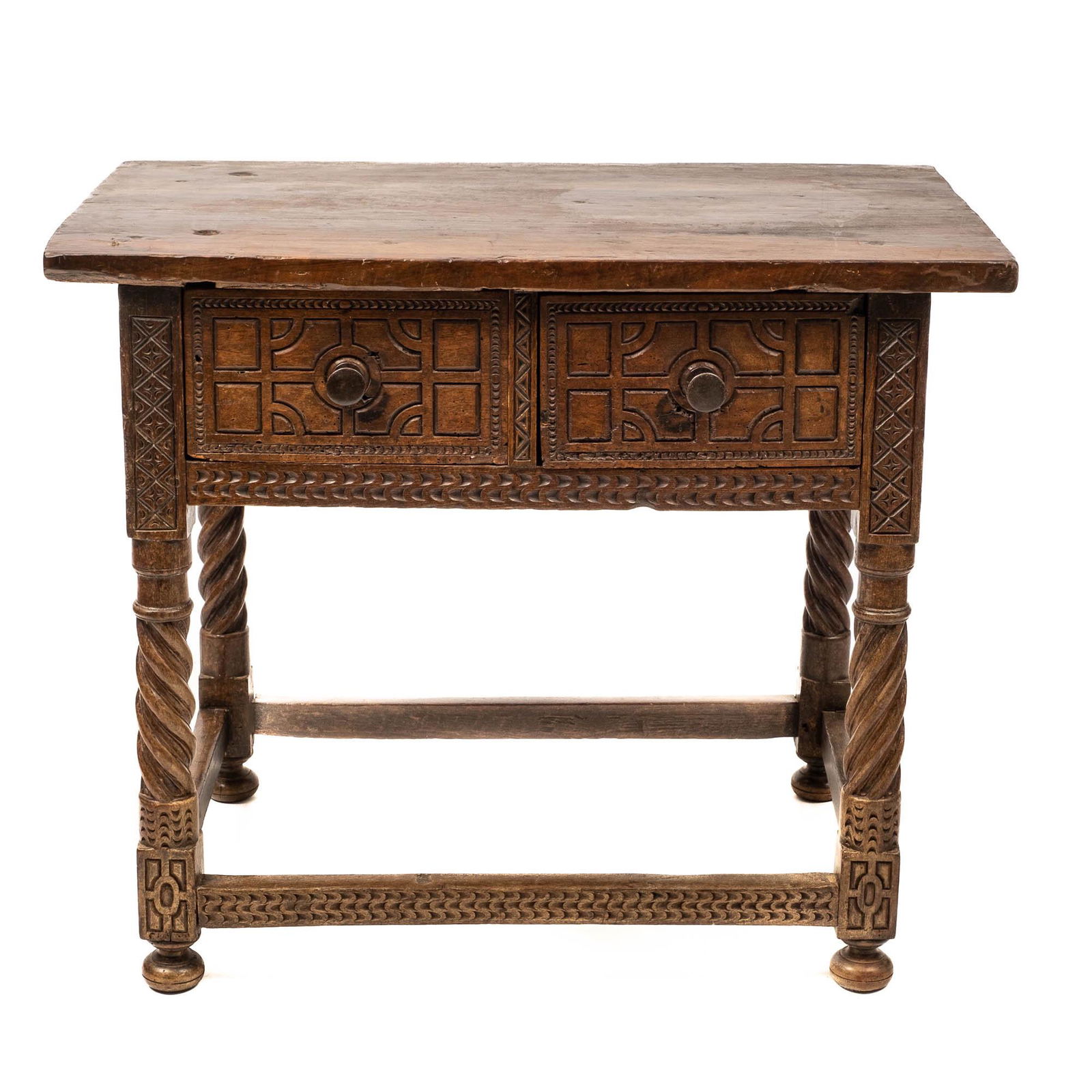 A Spanish walnut table with two drawers, 17th C. with later elements (1 of 9)