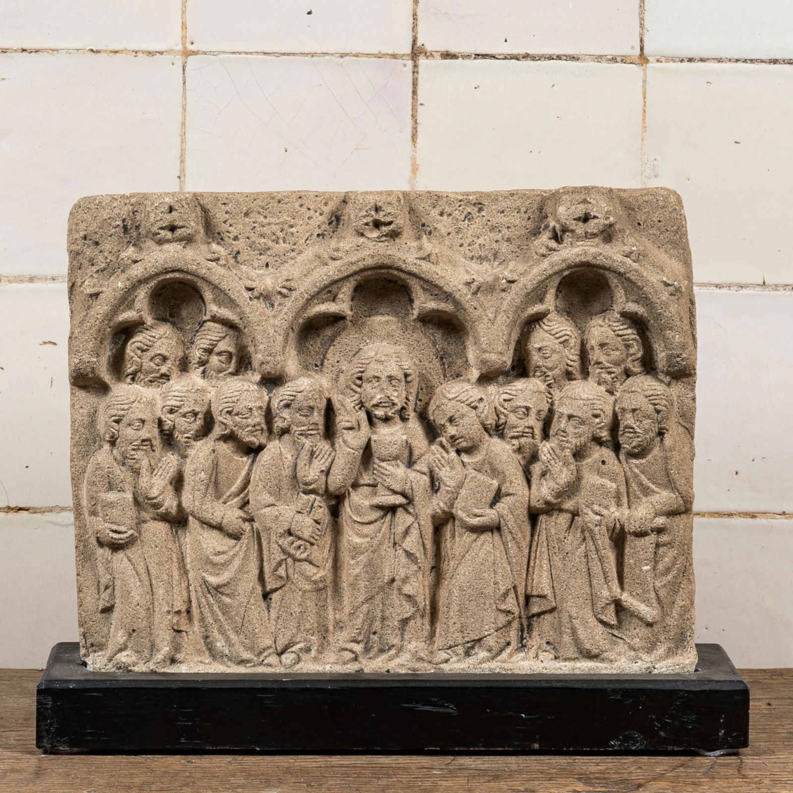 A sandstone relief depicting Christ and the twelve apostles, 20th C. (1 of 1)