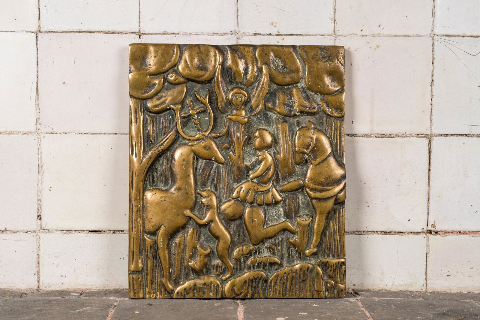 A bronze plaque depicting 'The vision of Saint Hubert', 17th C. or later (1 of 5)
