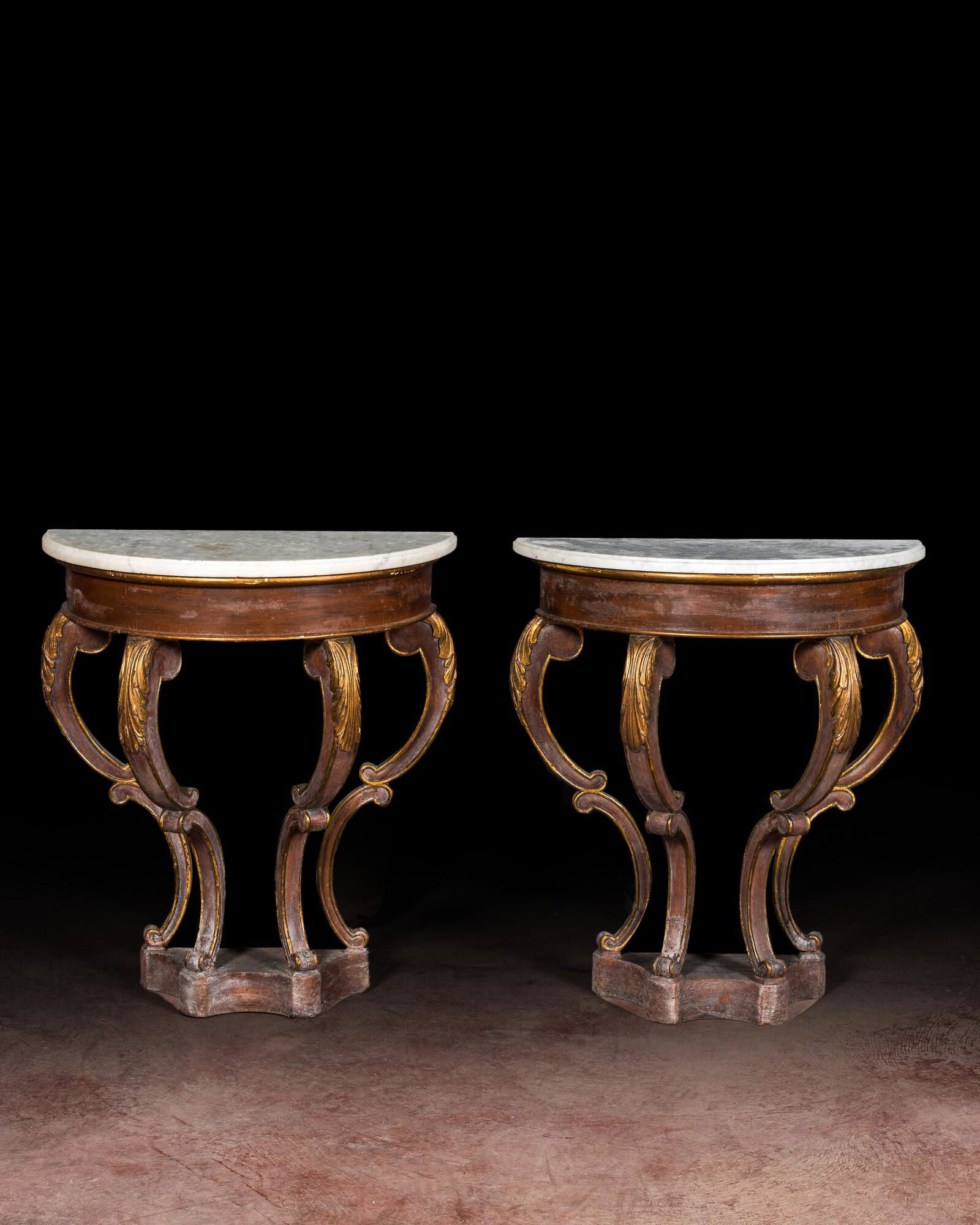 A pair of French partly gilt wooden consoles with marble top, 19th C.: Full title: A pair of French partly gilt wooden consoles with marble top, 19th C. Description: H 73 x L 64,5 x D 32 cm About this sale: Paul De Grande is one of the major dealers of antique furniture,