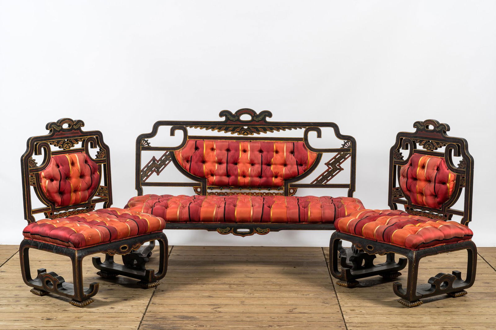 A French oriental inspired three-piece salon set including a sofa and a pair of armchairs, 19th C. (1 of 5)