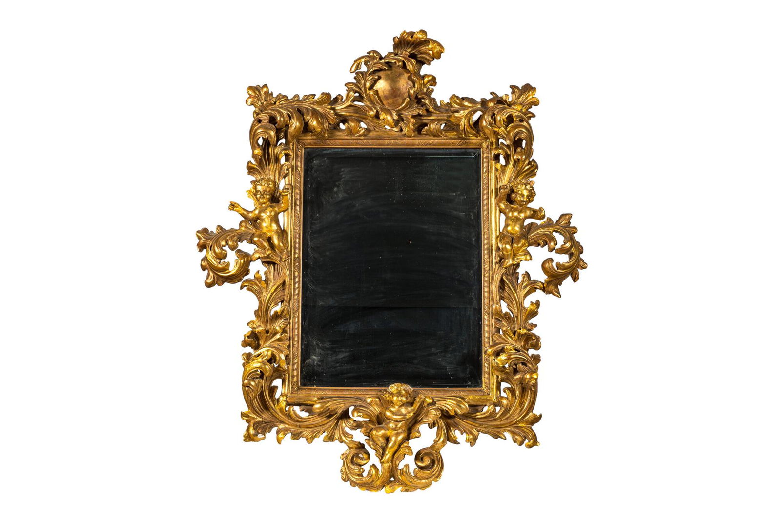 An impressive Italian gilt wooden baroque style mirror with cherubs, 19th C. (1 of 4)