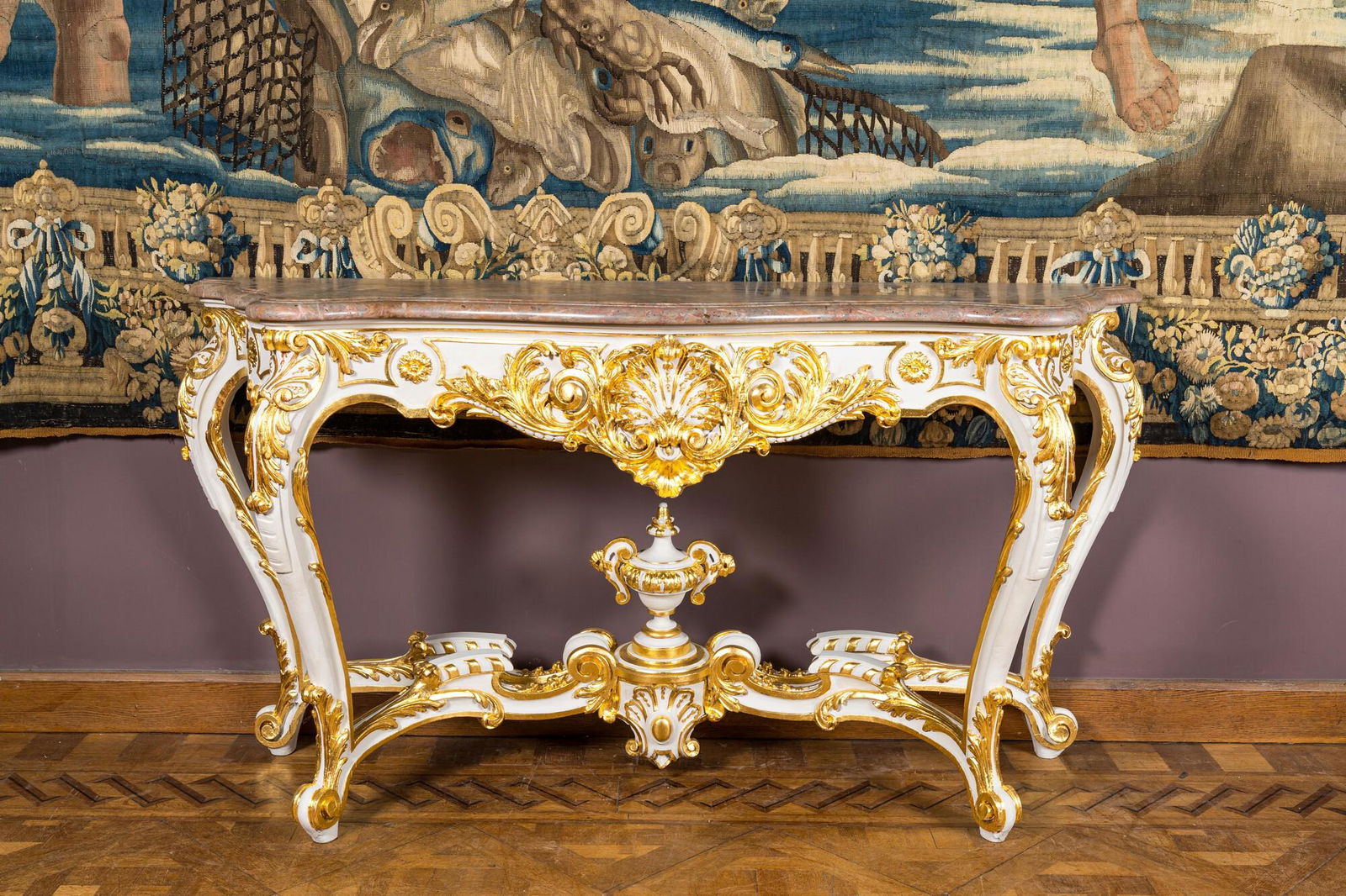 An attractive partly gilt wooden console table with marble top, Italy, 19th C. (1 of 4)
