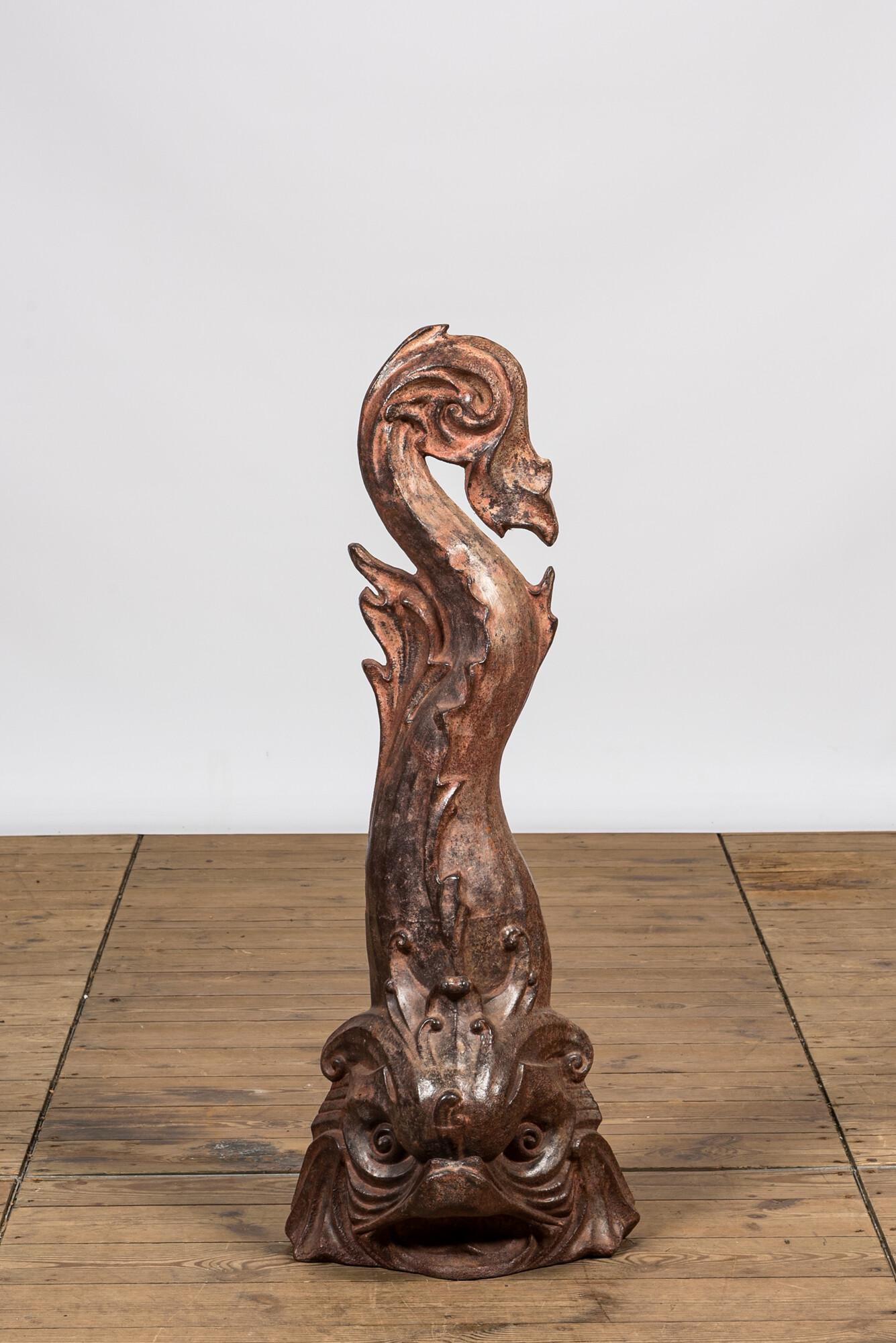 A large cast iron dolphin-shaped fountain ornament, 19/20th C. (1 of 3)
