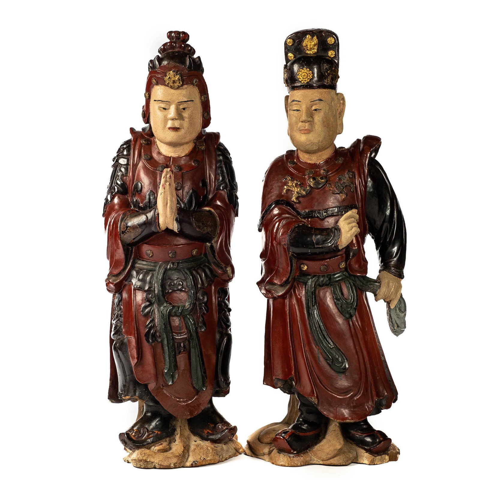 A pair of large Chinese polychromed wooden temple guardians, 19th C.: Full title: A pair of large Chinese polychromed wooden temple guardians, 19th C. Description: H 104 cm About this sale: Paul De Grande is one of the major dealers of antique furniture, fine sculptures
