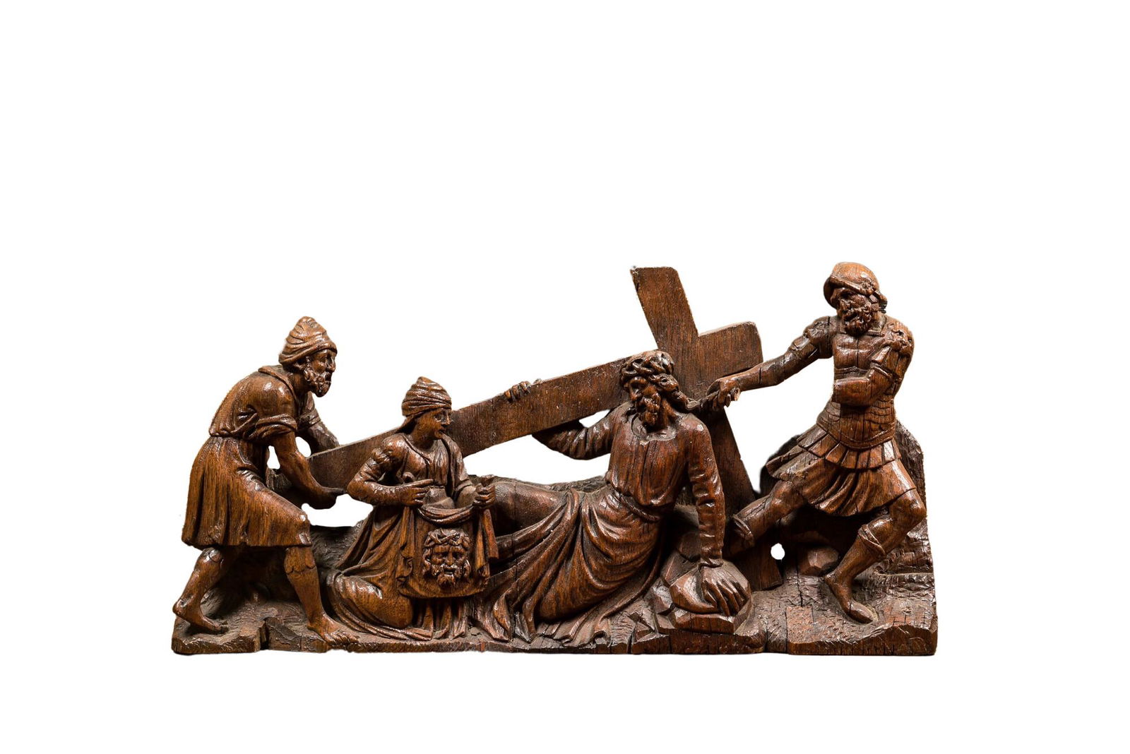 A Flemish carved oak retable fragment depicting the 'Road to Calvary with Saint Veronica', 16th C. (1 of 8)