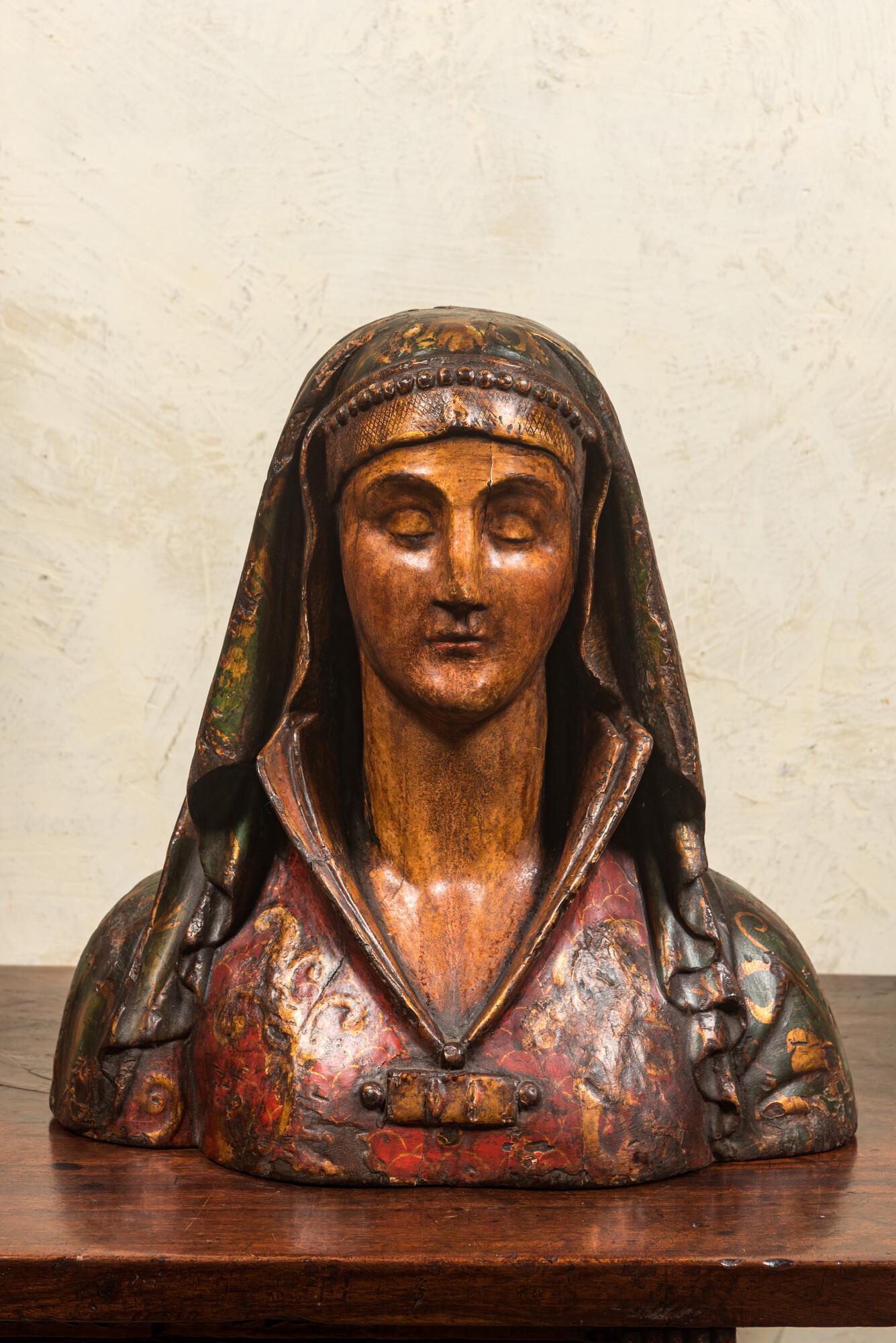 A French Gothic Revival polychrome wooden ladies bust, 19th C. (1 of 4)