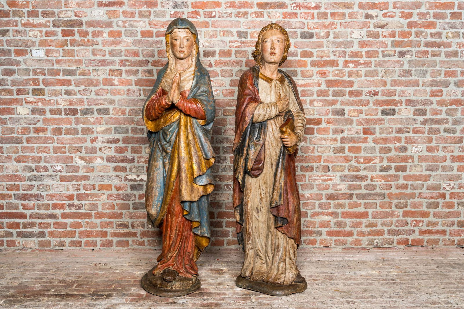 Two large polychromed and gilt walnut wooden figures of Mary and John the Baptist, Southern France (1 of 3)