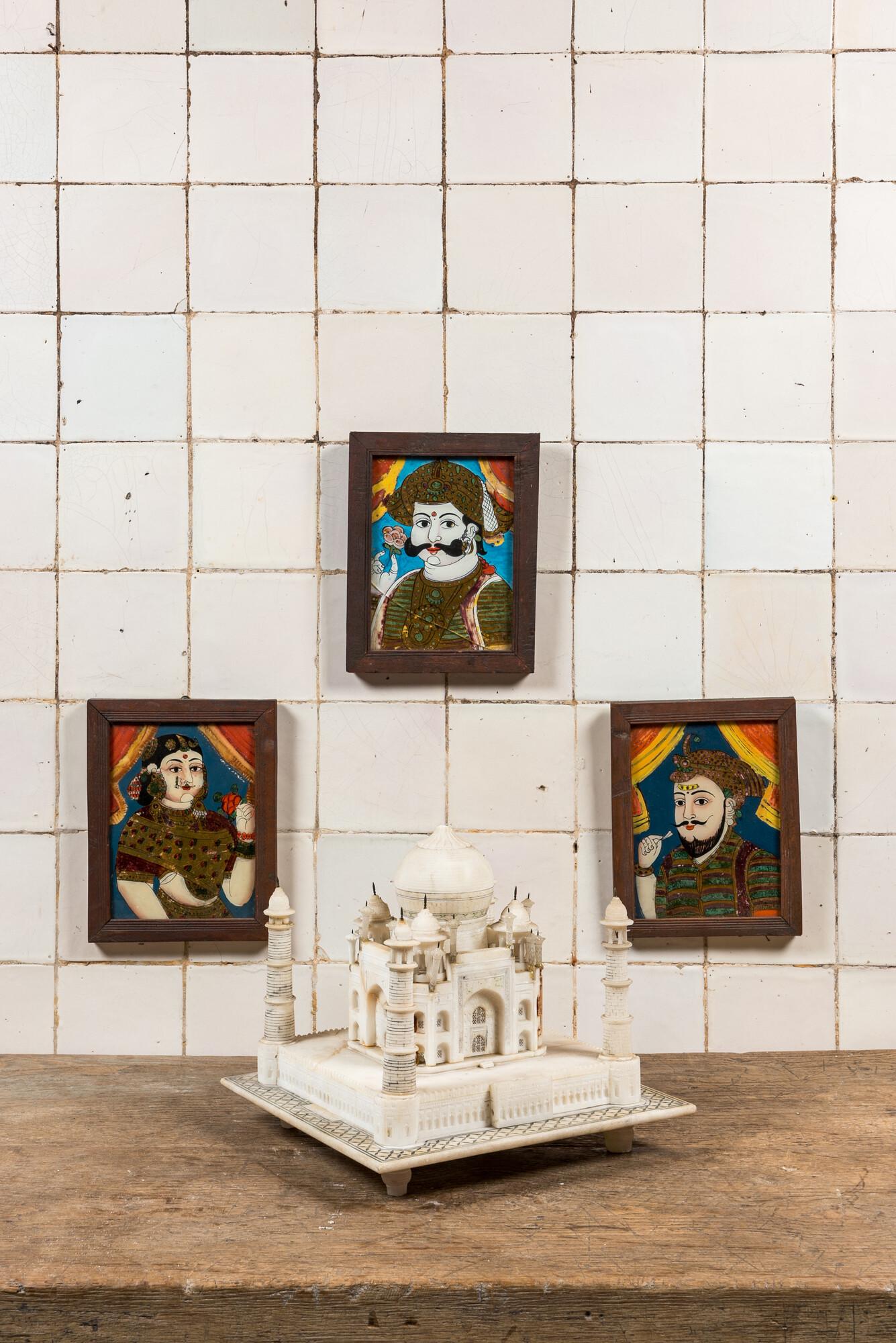 An alabaster model of the Taj Mahal and three reverse glass paintings, India, 19/20th C. (1 of 2)