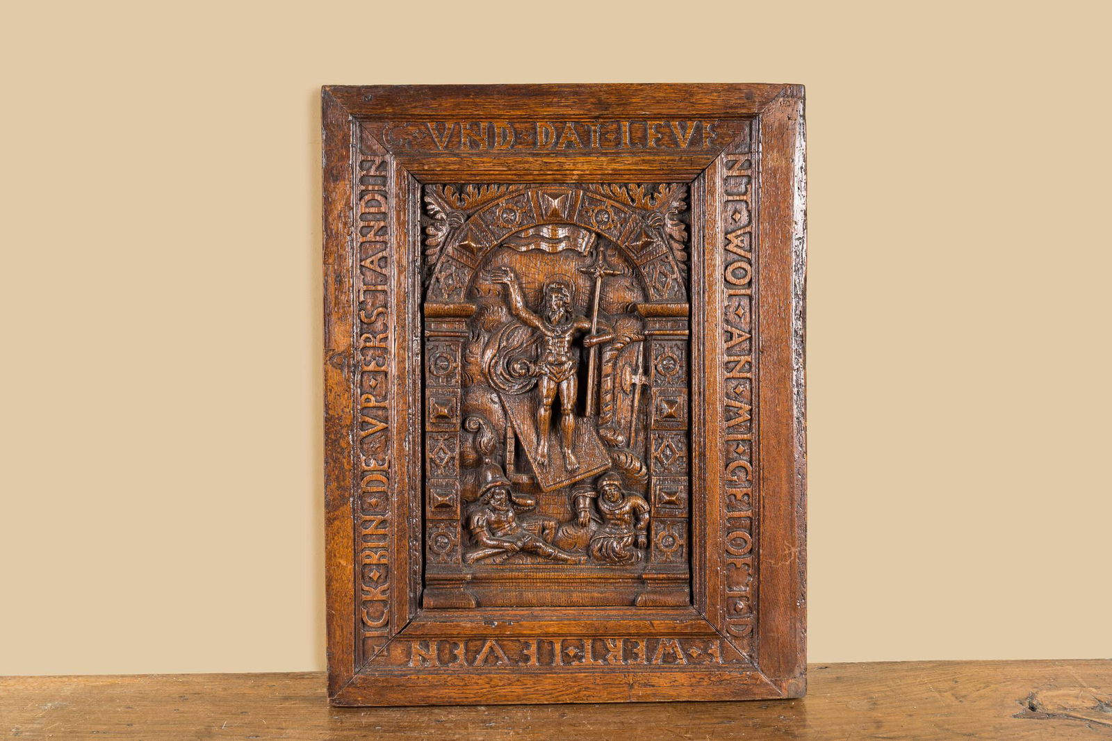 A German carved oak 'Resurrection' panel, early 17th c. (1 of 2)