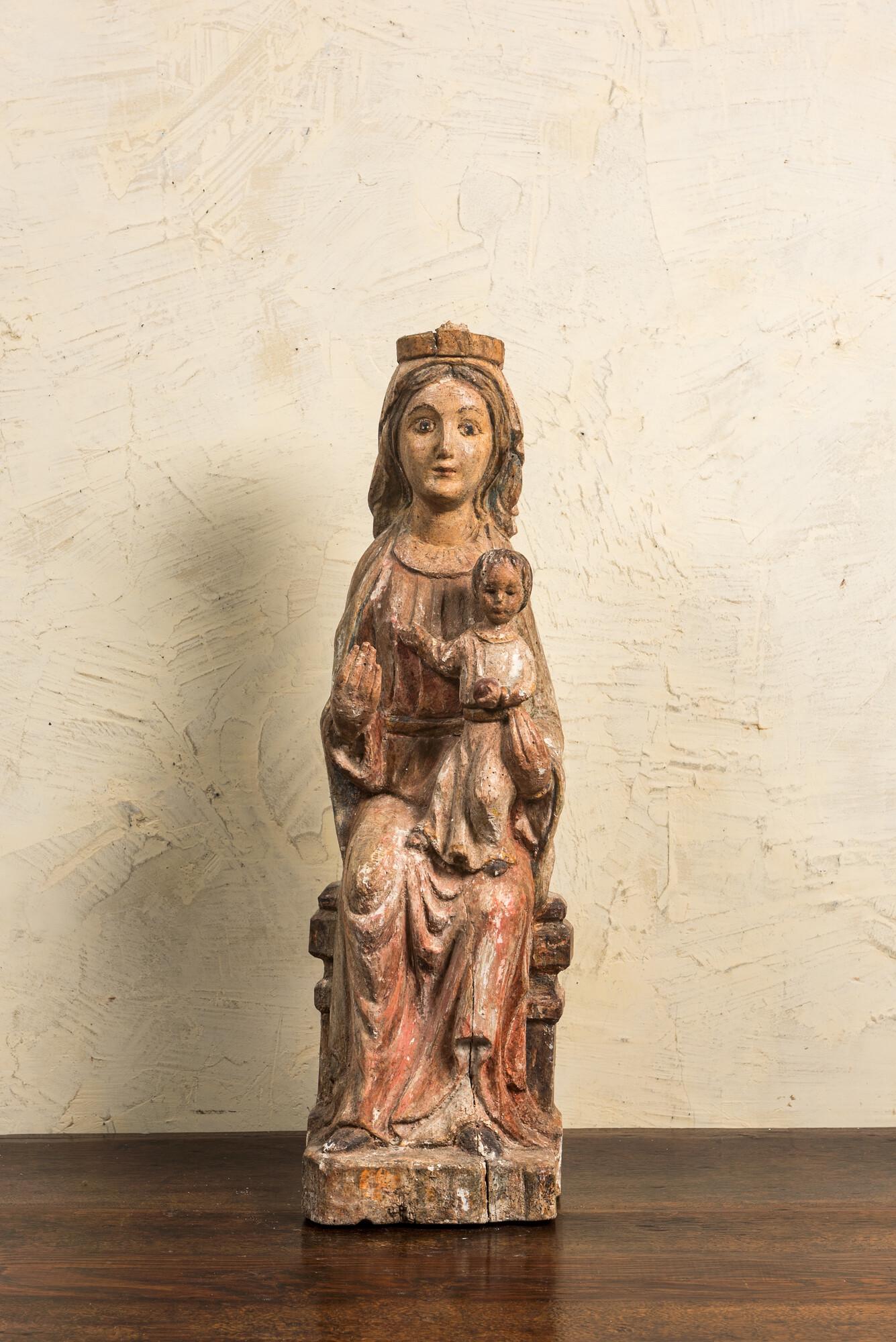 A polychrome wooden 'Sedes Sapientiae' sculpture, 18/19th C. (1 of 2)