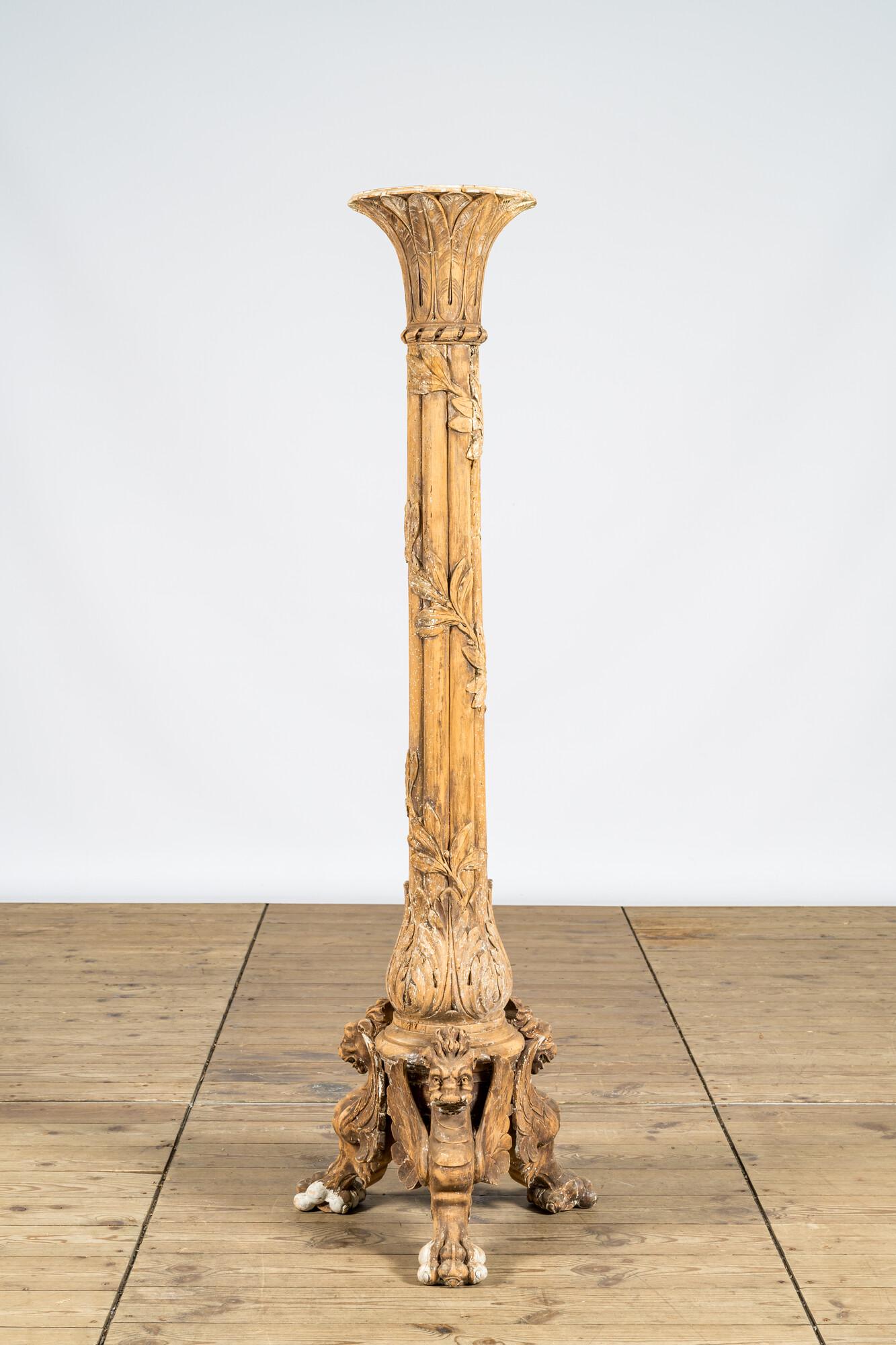 A large wooden column resting on dragon feet, 19th C. (1 of 3)