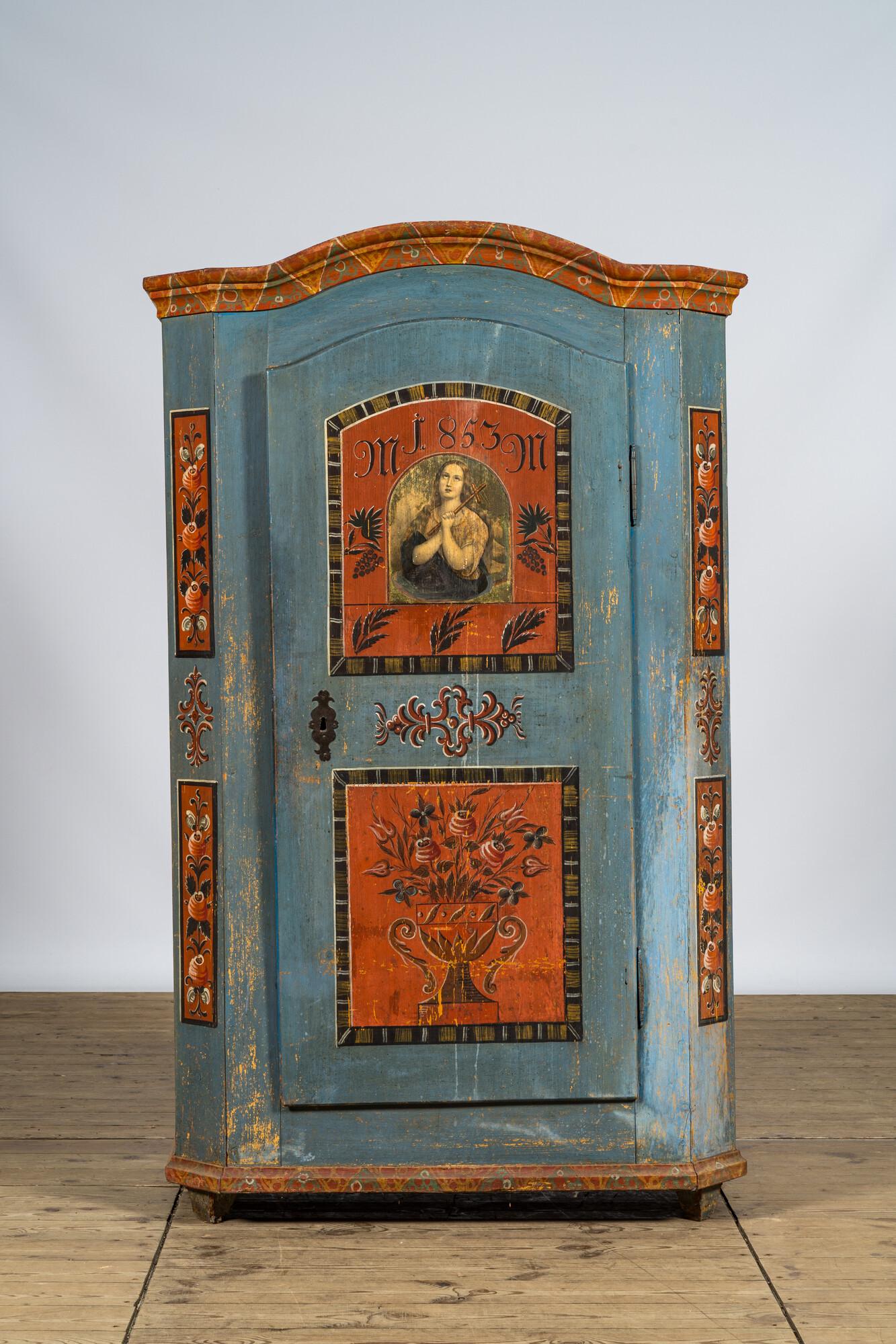 A German polychrome painted single door linen cupboard, dated 1853 (1 of 3)