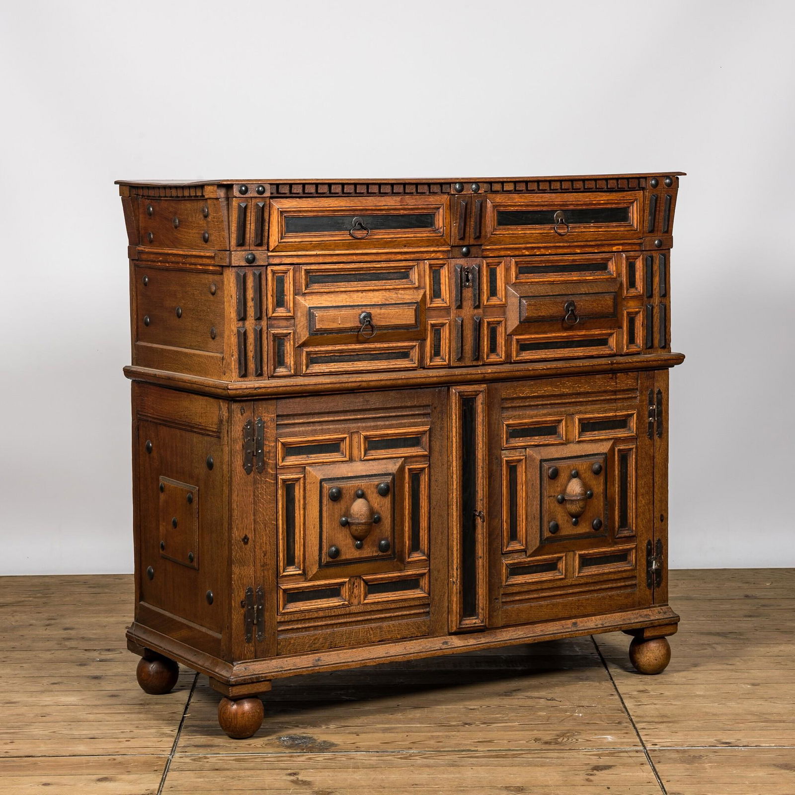 A partly ebonised oak buffet, 17th C. with later elements: Full title: A partly ebonised oak buffet, 17th C. with later elements Description: H 121,5 x L 121 x D 58 cm About this sale: Paul De Grande is one of the major dealers of antique furniture, fine scul