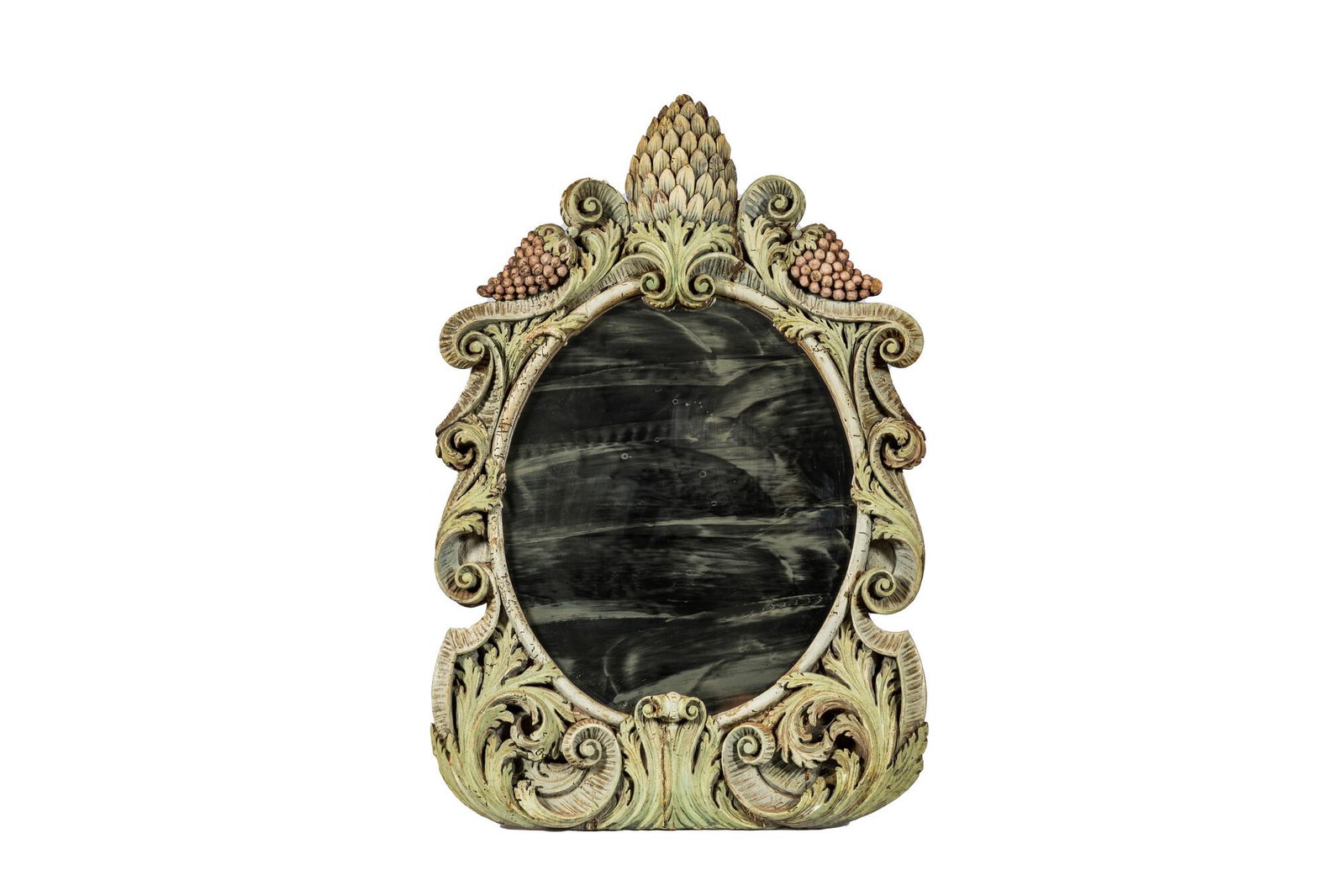 A polychrome wooden mirror with grapes and an artichoke, 19th C.: Full title: A polychrome wooden mirror with grapes and an artichoke, 19th C. Description: H 105 x L 69,5 cm About this sale: Paul De Grande is one of the major dealers of antique furniture, fine sculp