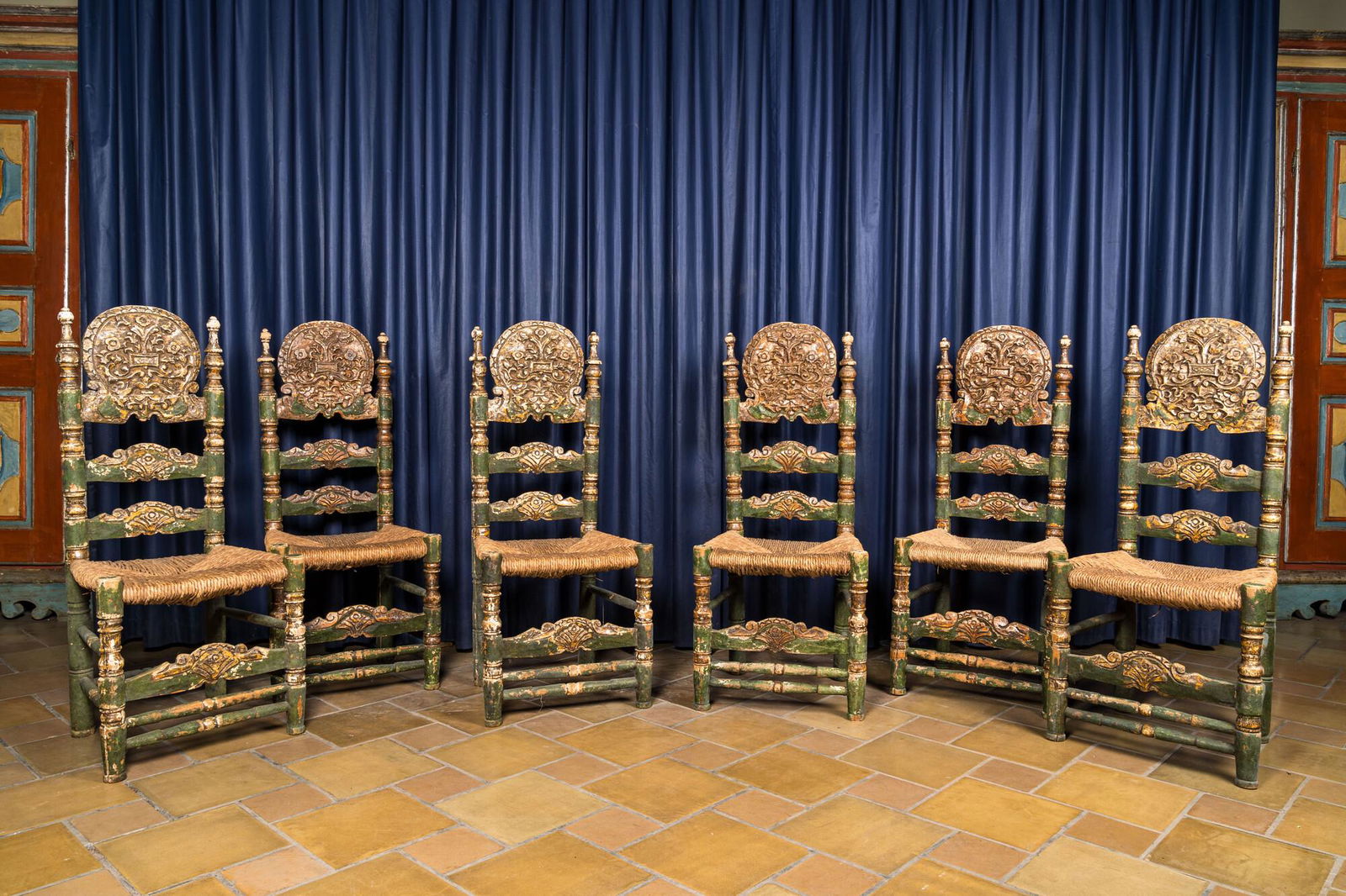 Six Spanish polychromed and gilt wooden chairs with wicker upholstery, 19th C. (1 of 3)