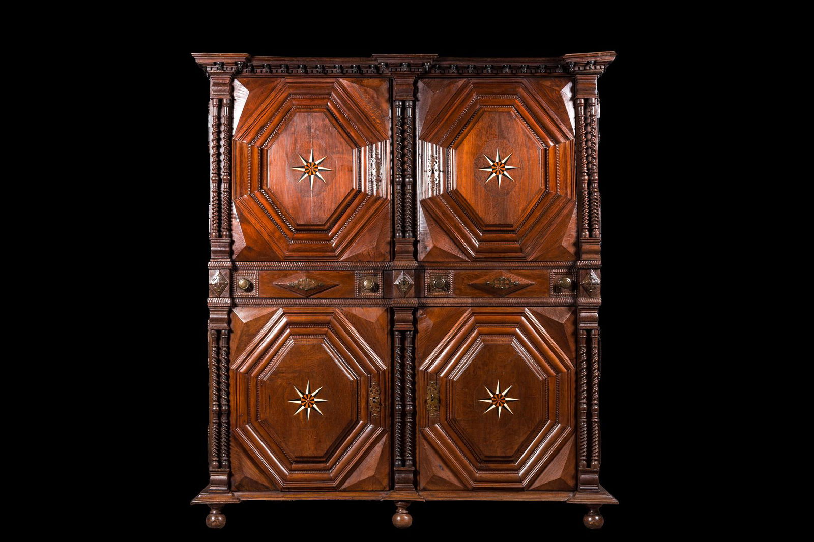 An imposing baroque-style parquetry oak four-door cupboard, 19th C. (1 of 6)