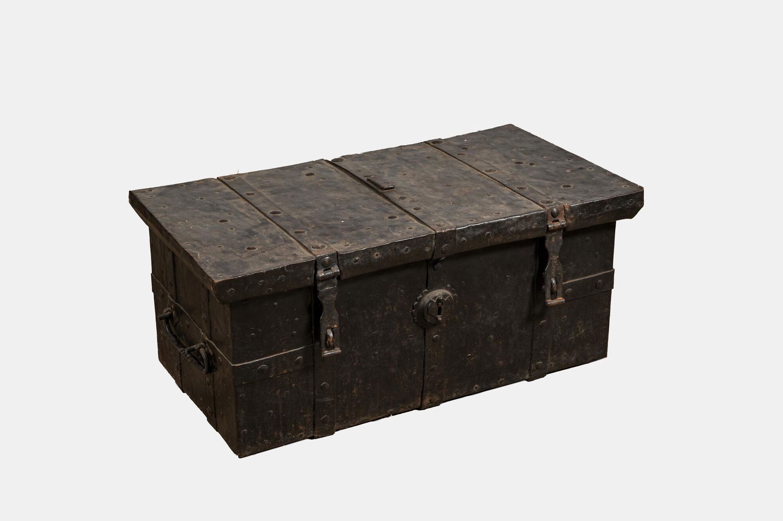 A wrought iron mounted and plated wooden chest, 19th C. (1 of 4)