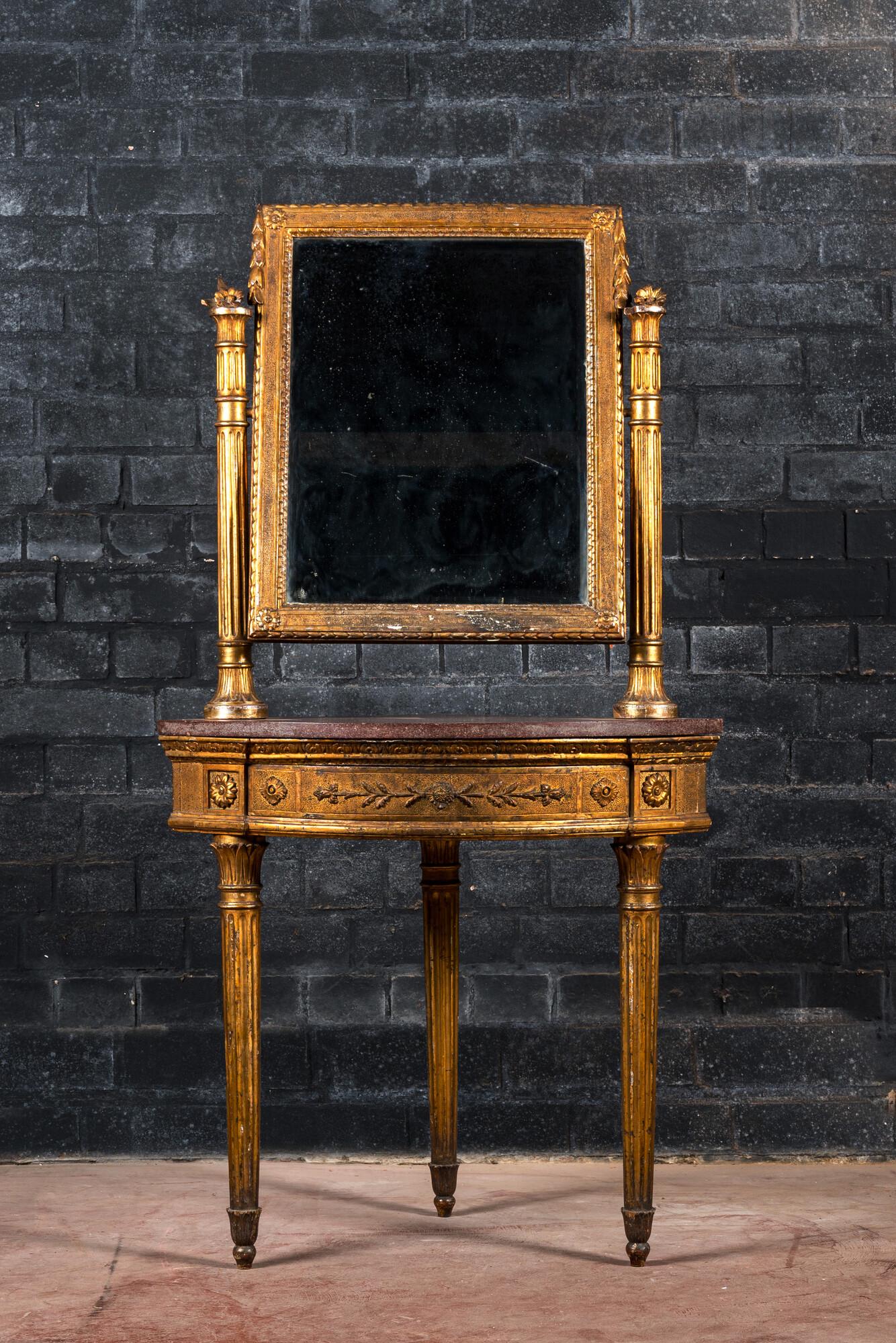 A neoclassical marble-topped gilt wooden corner console table with a mirror, 19th C. (1 of 4)