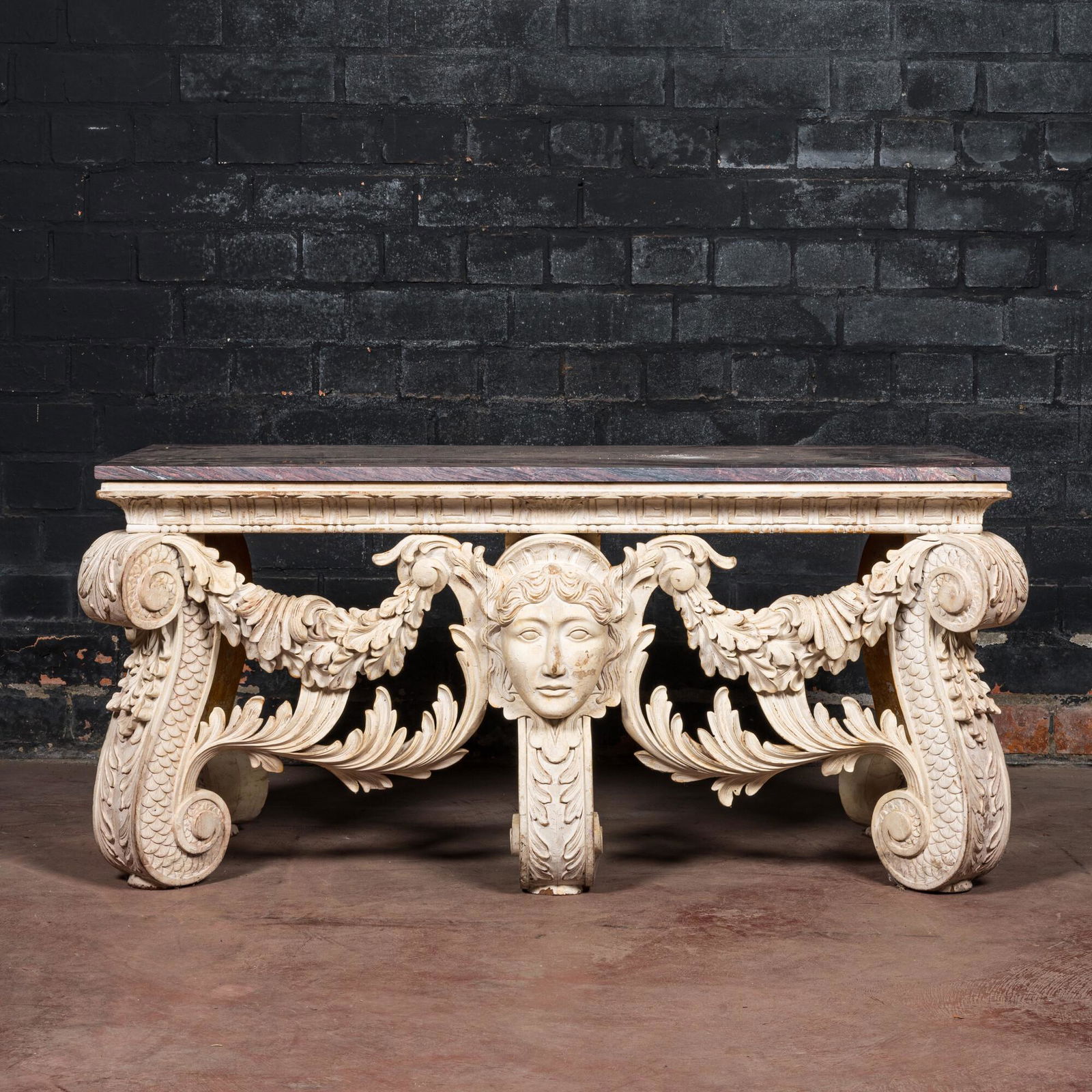 A white patinated neoclassical walnut console table with red marble top, 19/20th C. (1 of 4)
