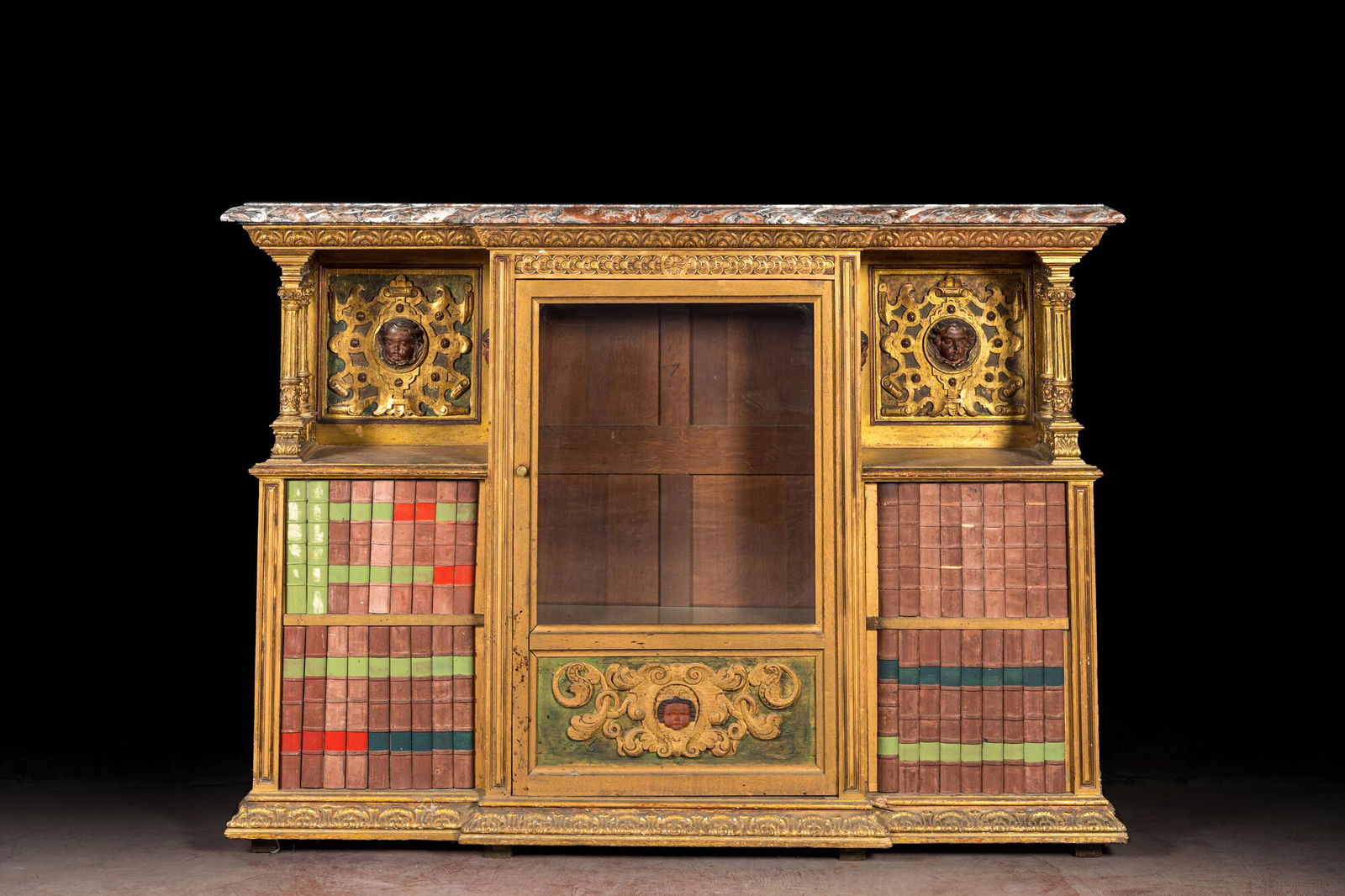 A polychrome and partly gilt wooden Renaissance Revival cabinet with trompe l'oeil doors, Italy, (1 of 4)