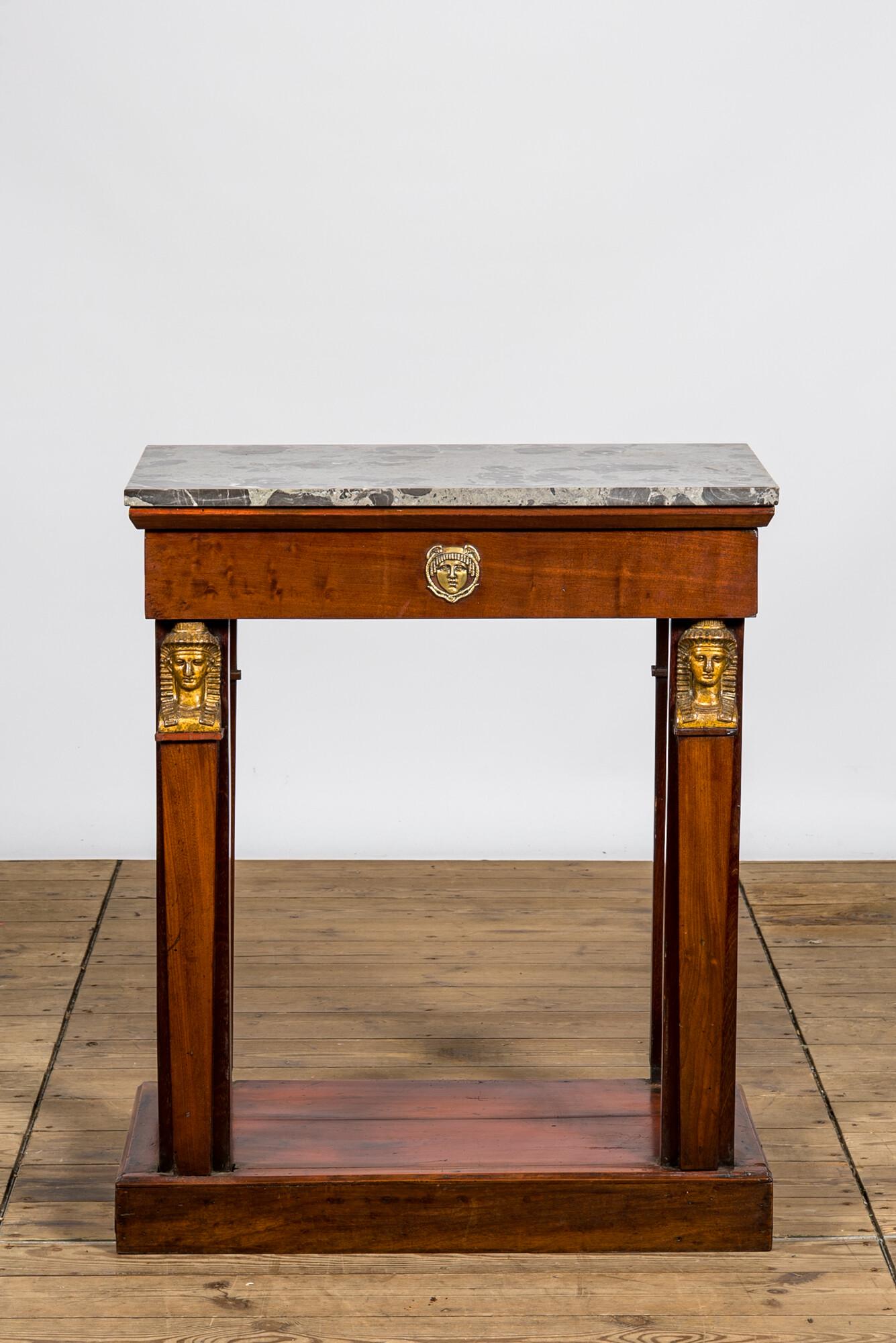 A French Empire-style mahogany console with marble top, 19th C. (1 of 3)