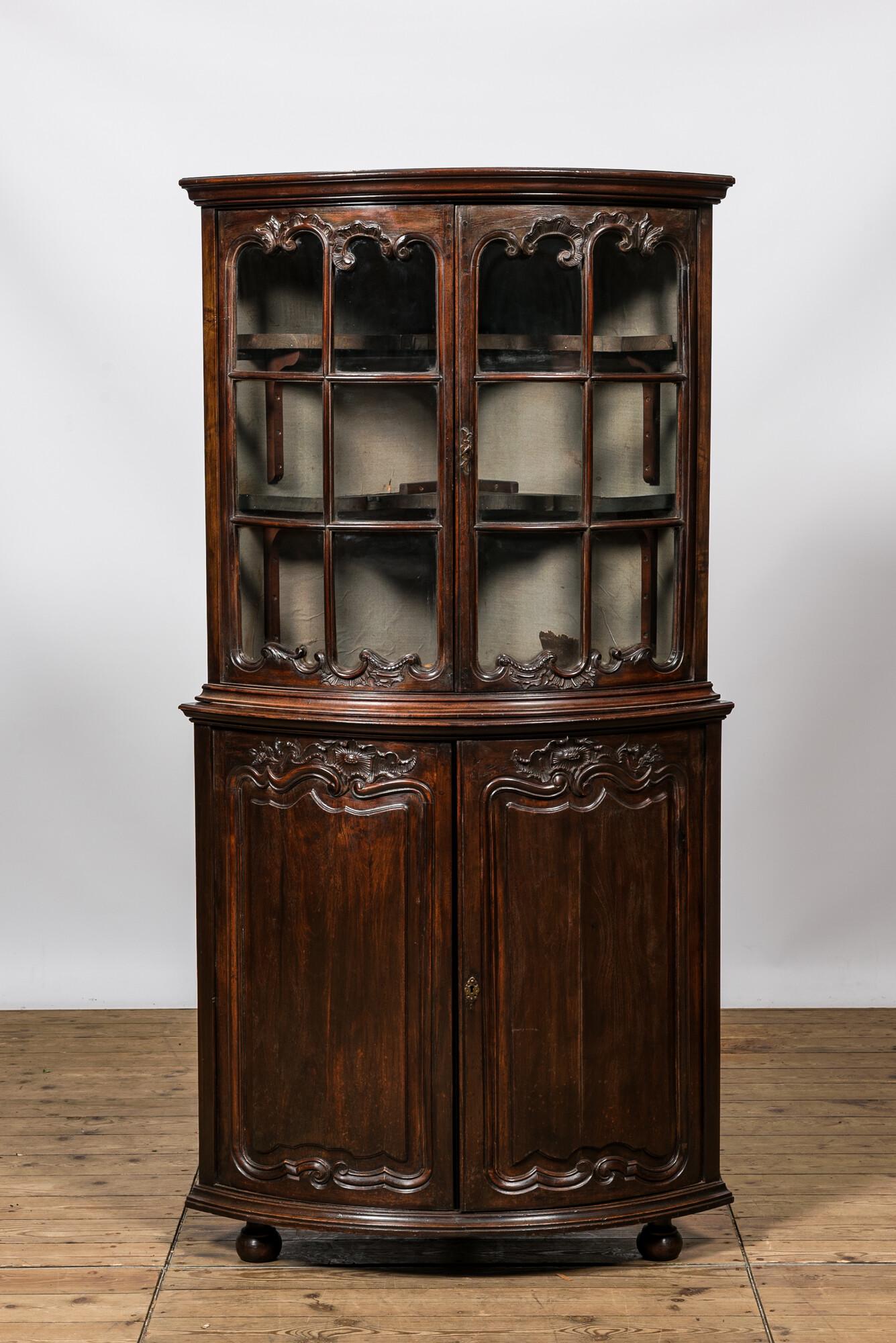 A Louis XV-style walnut corner display cabinet, 19th C. (1 of 3)