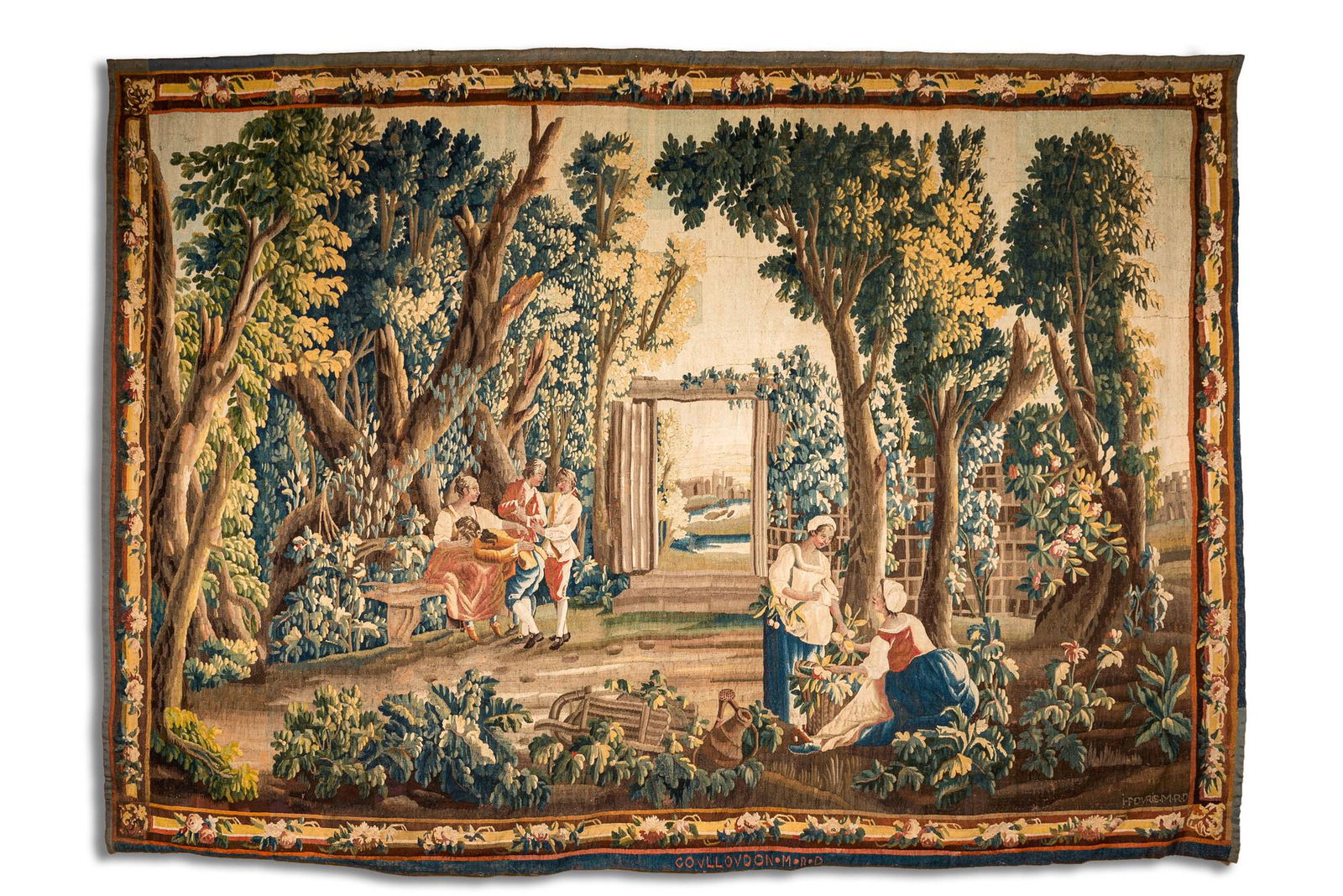 A French Aubusson tapestry depicting 'La main chaude' after Jean-Baptiste Huet, 18th C. (1 of 9)