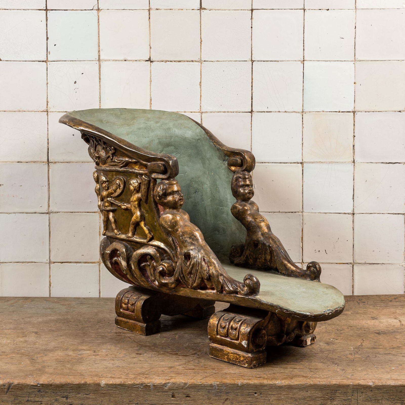 A polychrome and gilt papier-marché and plaster miniature chariot with designs after the (1 of 5)