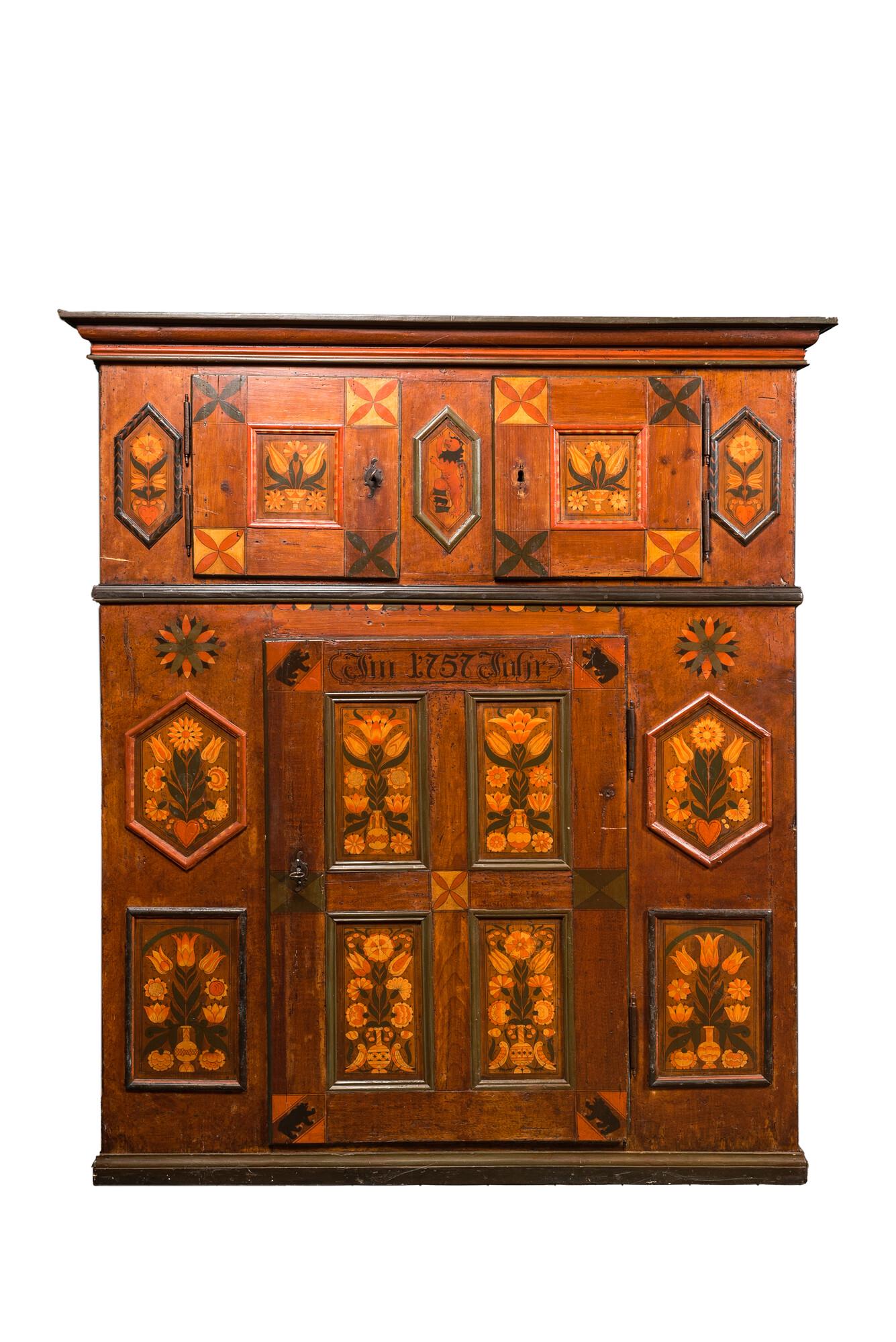 A Hungarian polychrome wooden three-door cupboard with floral design, 19th C. (1 of 8)