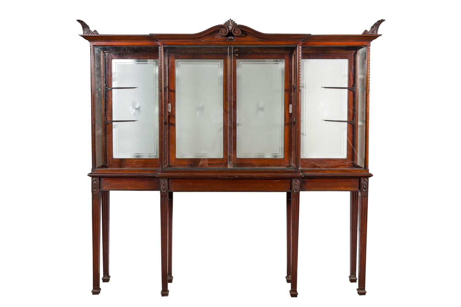 A neoclassical mahogany shop display cabinet with etched glass backdrops, England, ca. 1900 (1 of 6)