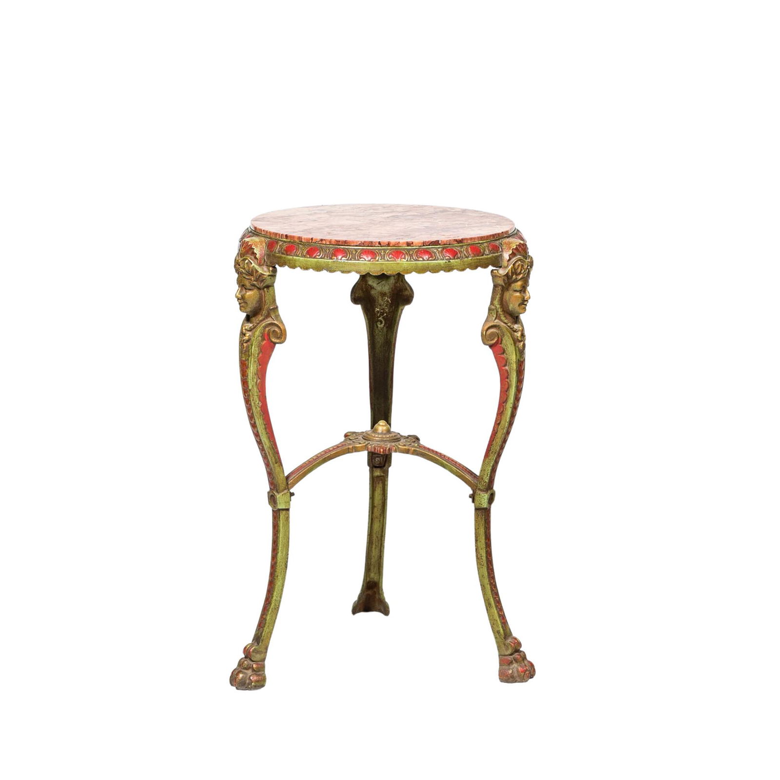 A round polychrome cast iron side table with mascarons and marble top, ca. 1900 (1 of 1)