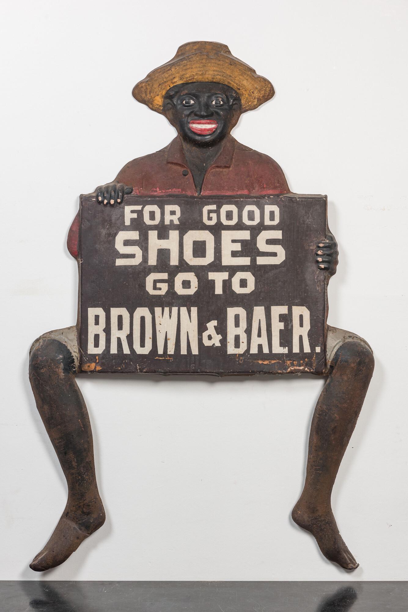 A large painted cast iron advertisement panel for the shoe brand 'Brown & Baer', early 20th C.: Full title: A large painted cast iron advertisement panel for the shoe brand 'Brown & Baer', early 20th C. Description: H 134,5 x L 88 cm About this sale: Paul De Grande is one of the major dealers of