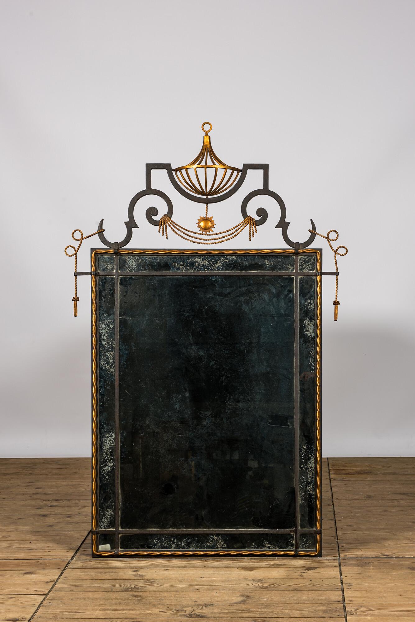 A neoclassical Las Palmas design 'Roussel' partly gilt wrought iron mirror, 20th C. (1 of 2)