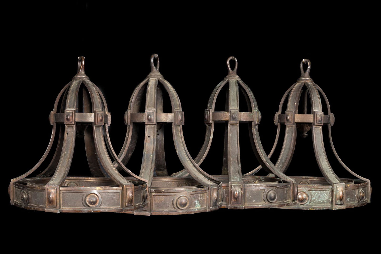 Four large bell-shaped bronze chandeliers, first half 20th C. (1 of 3)