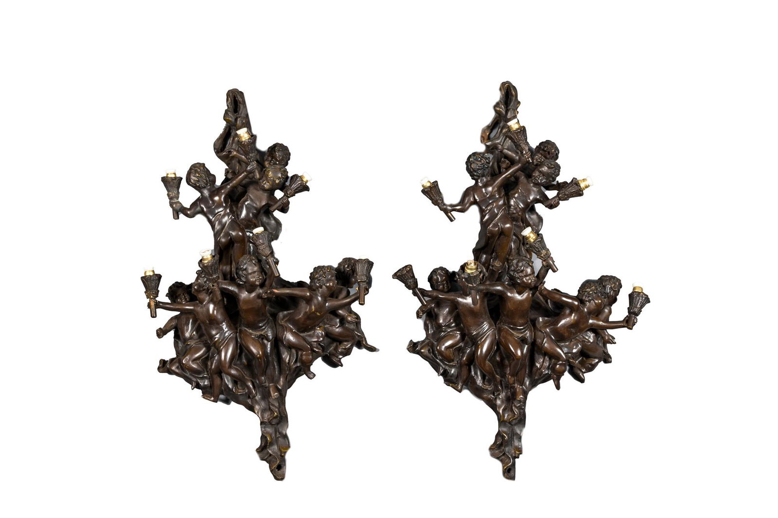 A pair of French patinated bronze seven-light wall lights, 20th C. (1 of 3)