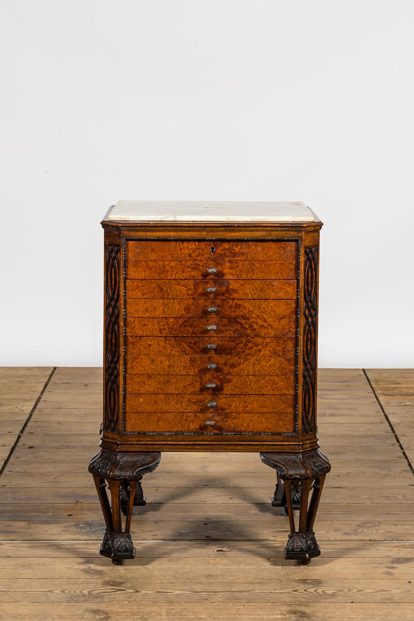 A burl wood veneered coin cabinet with marble top, 20th C. (1 of 4)