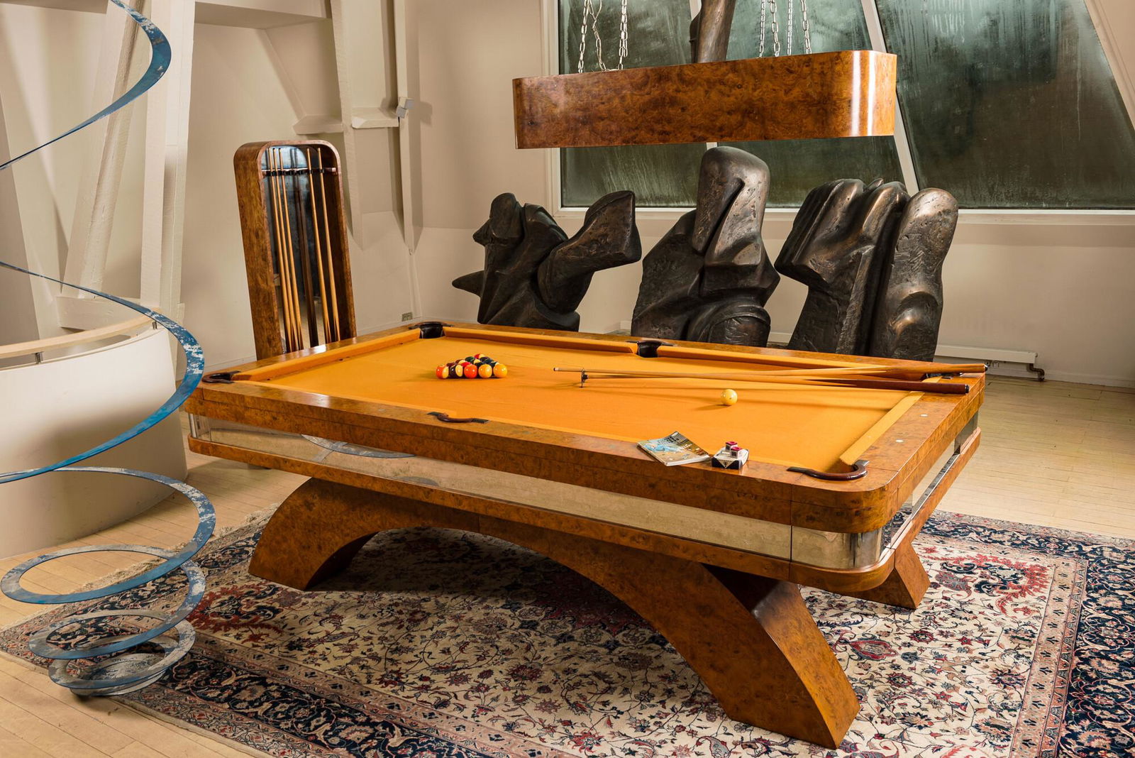 A burl wood veneered billiard table with accompanying lighting and cue holder, 20th C. (1 of 9)