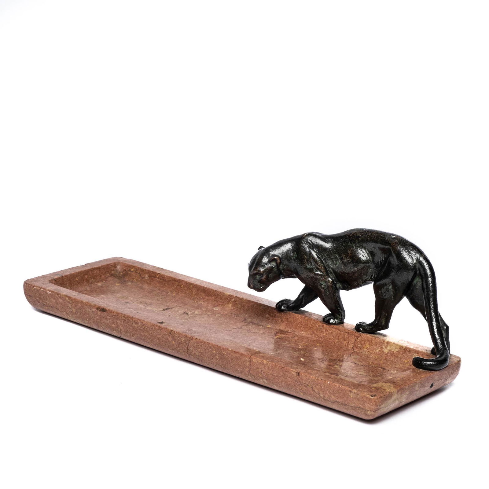 A marble pencil case with a patinated bronze panther, 20th C. (1 of 5)