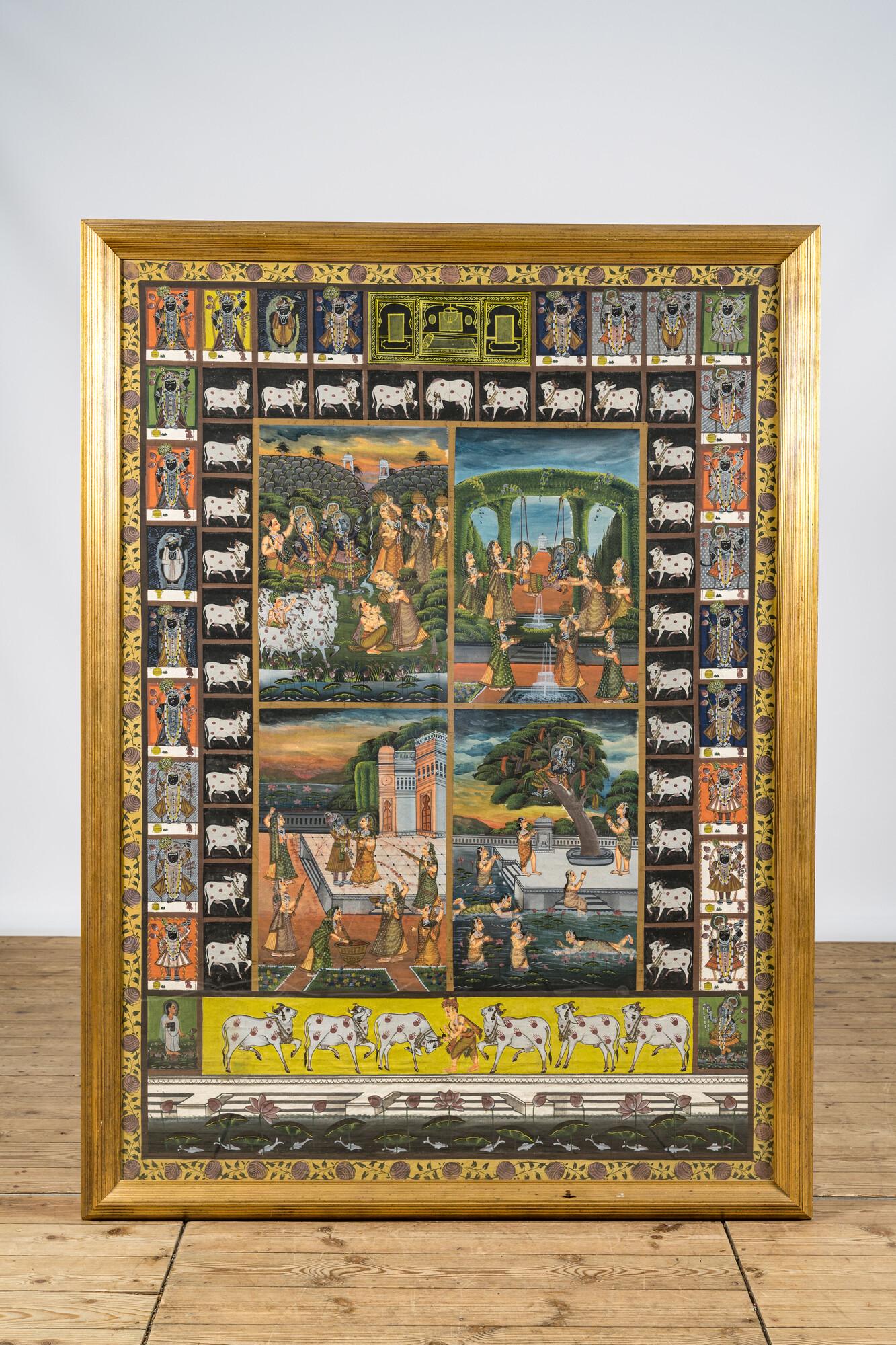 A large four-miniature oil and ink on textile painting, India, 20th C. (1 of 4)