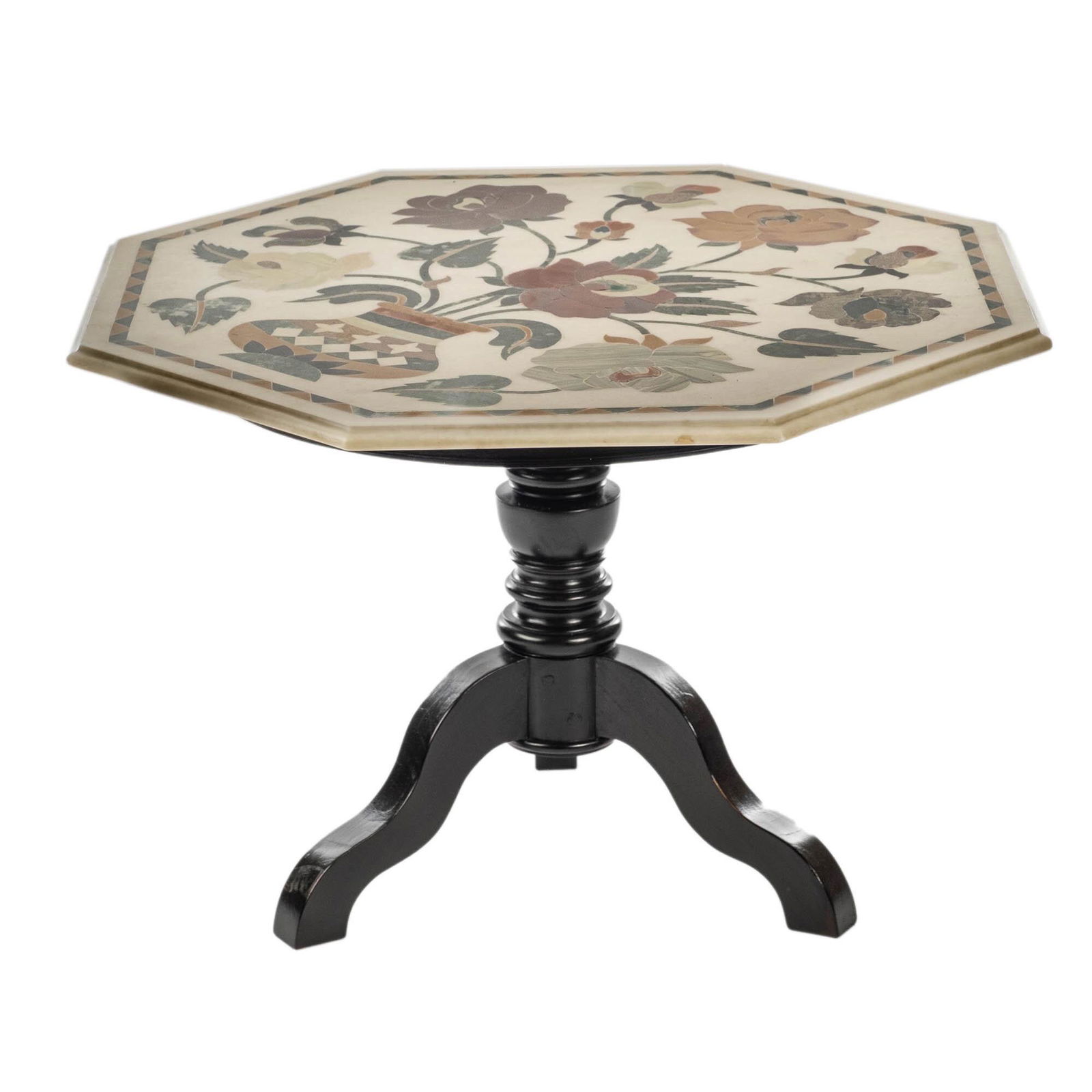A pietra dura table on ebonised wooden tripod foot, 20th C. (1 of 2)