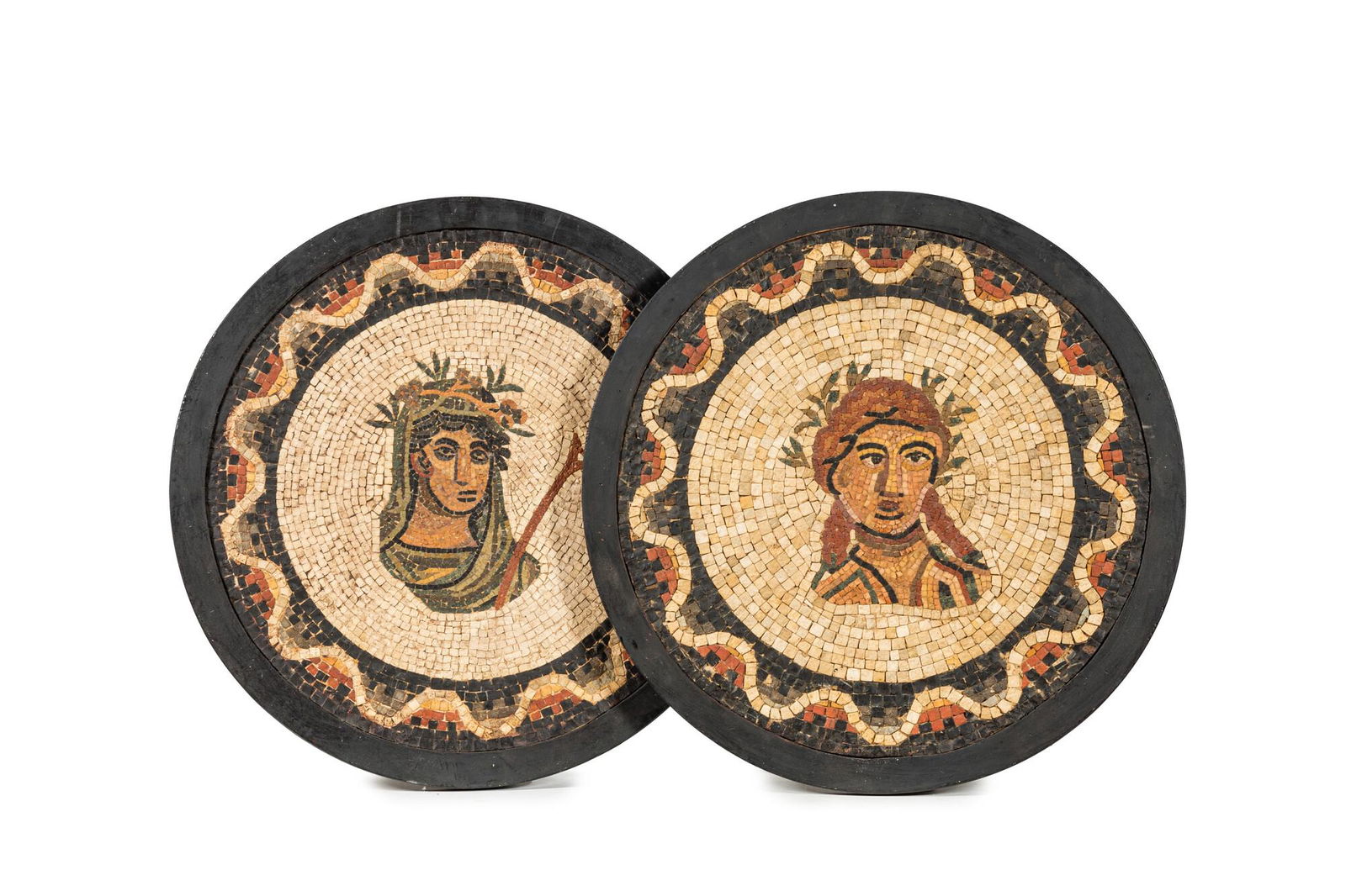 A pair of probably Sicilian round mosaics with goddesses, 20th C. (1 of 3)