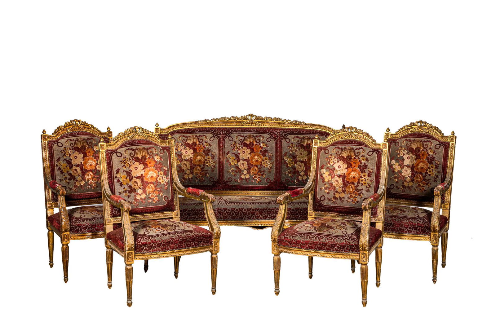A neoclassical gilt wooden salon set comprising a sofa and four armchairs, 20th C. (1 of 4)