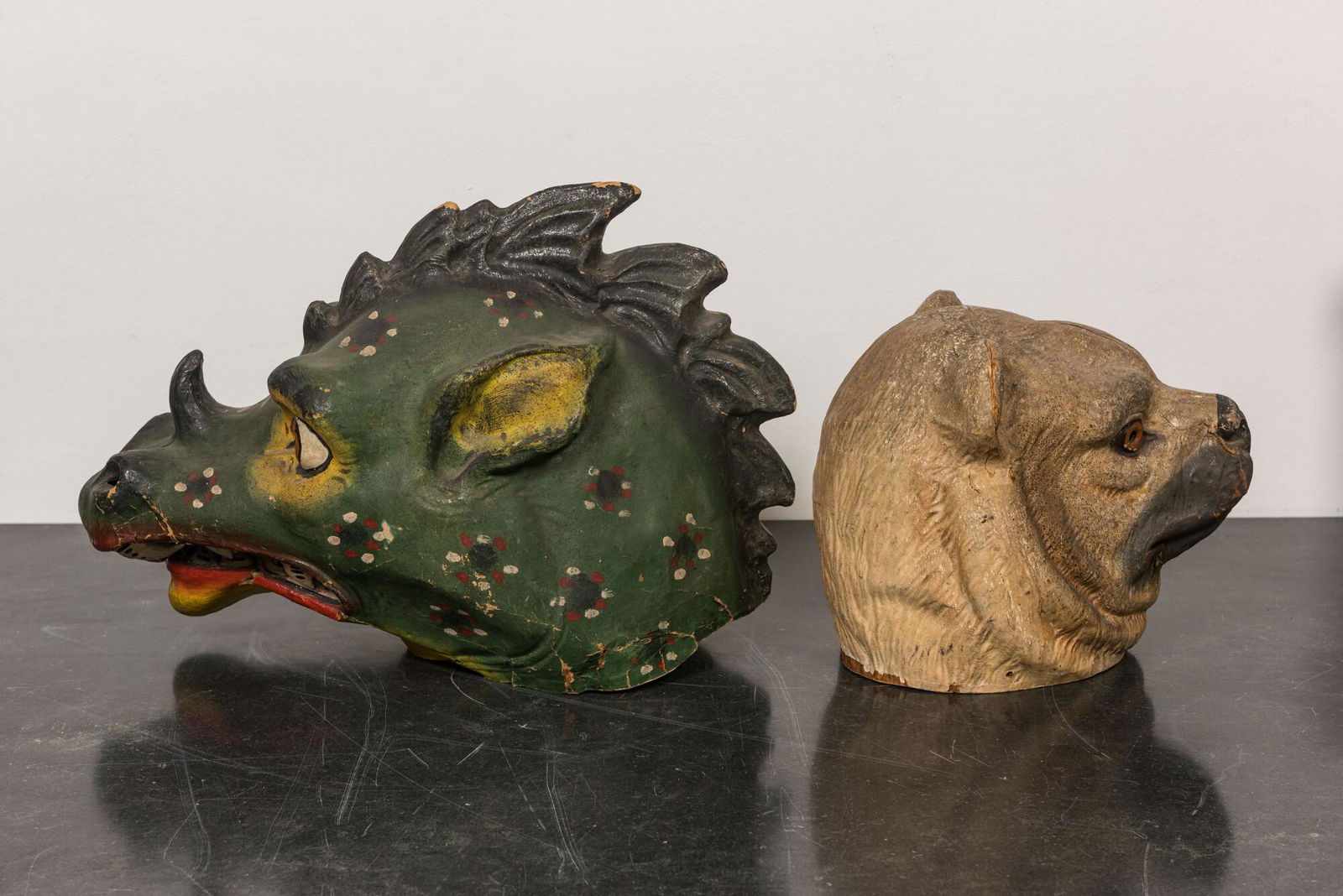Two polychrome papier-mÃ¢chÃ© carnival masks of a dragon and a bear, Aalst, 1st half 20th C. (1 of 2)