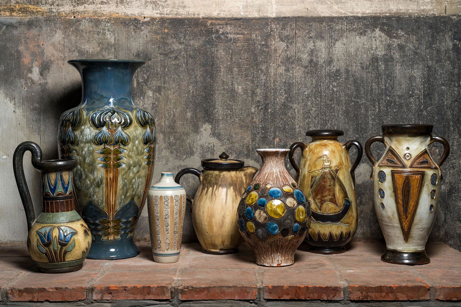 Seven polychrome glazed stoneware vases, a.o. Roger GuÃ©rin, Perignem, Losson and Dubois, 20th C. (1 of 2)