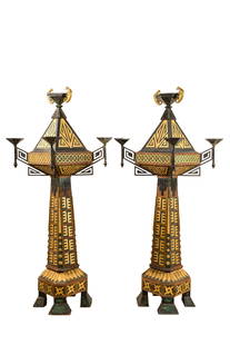 A pair of impressive partly green coloured and gilt wood, dark patinated iron and bronze Art Deco: Full title: A pair of impressive partly green coloured and gilt wood, dark patinated iron and bronze Art Deco floor lamps, early 20th C. Description: H 223 x L 83,5 x D 83,5 cm About this sale: Paul D