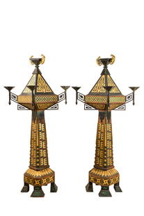 A pair of impressive partly green coloured and gilt wood, dark patinated iron and bronze Art Deco: Full title: A pair of impressive partly green coloured and gilt wood, dark patinated iron and bronze Art Deco floor lamps, early 20th C. Description: H 223 x L 83,5 x D 83,5 cm About this sale: Paul D